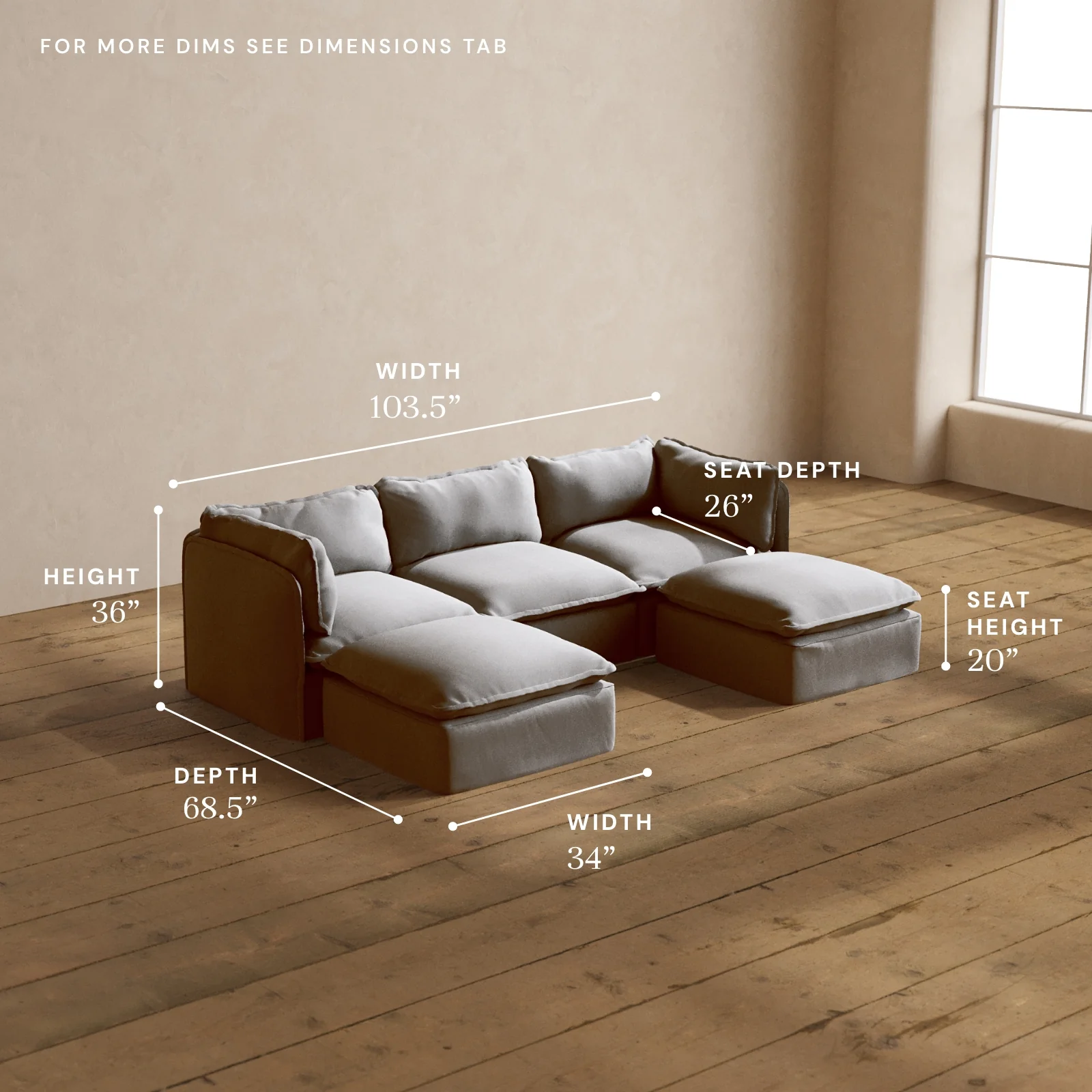 Modular Washable 3-Seater U-Sectional in Pumice | Deluxe+ Seat | Cloud Pillow - Image 5