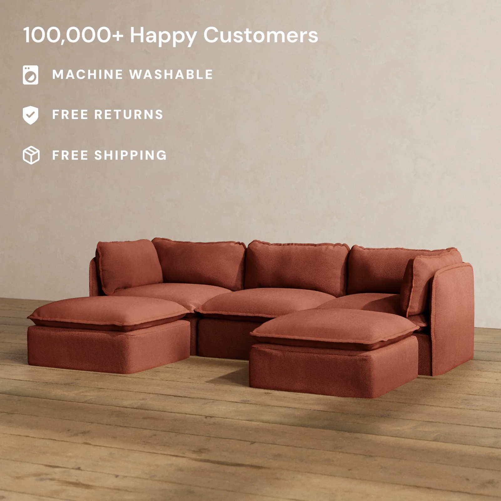 Modular Washable 3-Seater U-Sectional in Rust | Deluxe+ Seat | Cloud Pillow - Image 2