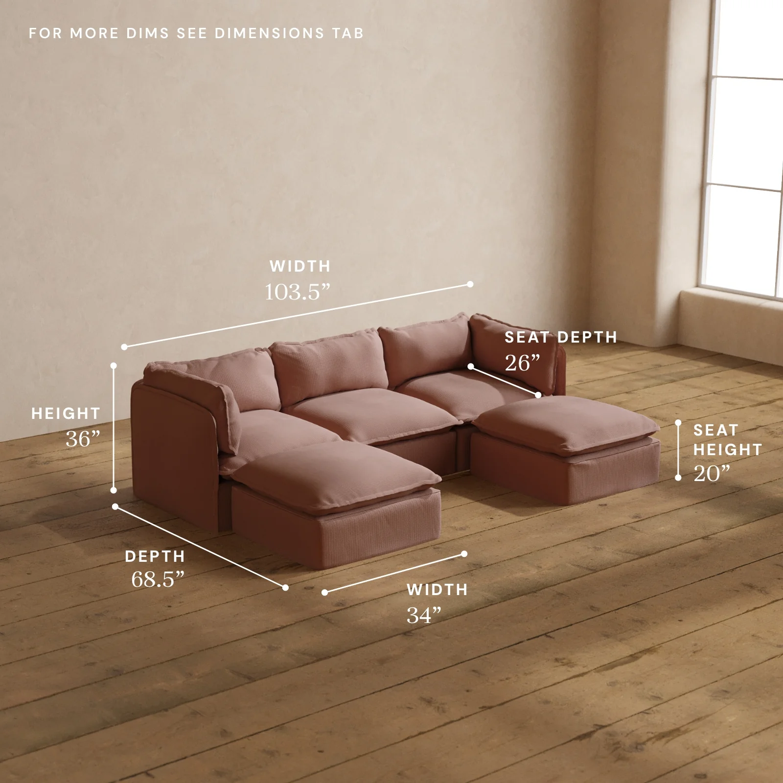 Modular Washable 3-Seater U-Sectional in Sakura | Deluxe+ Seat | Cloud Pillow - Image 5