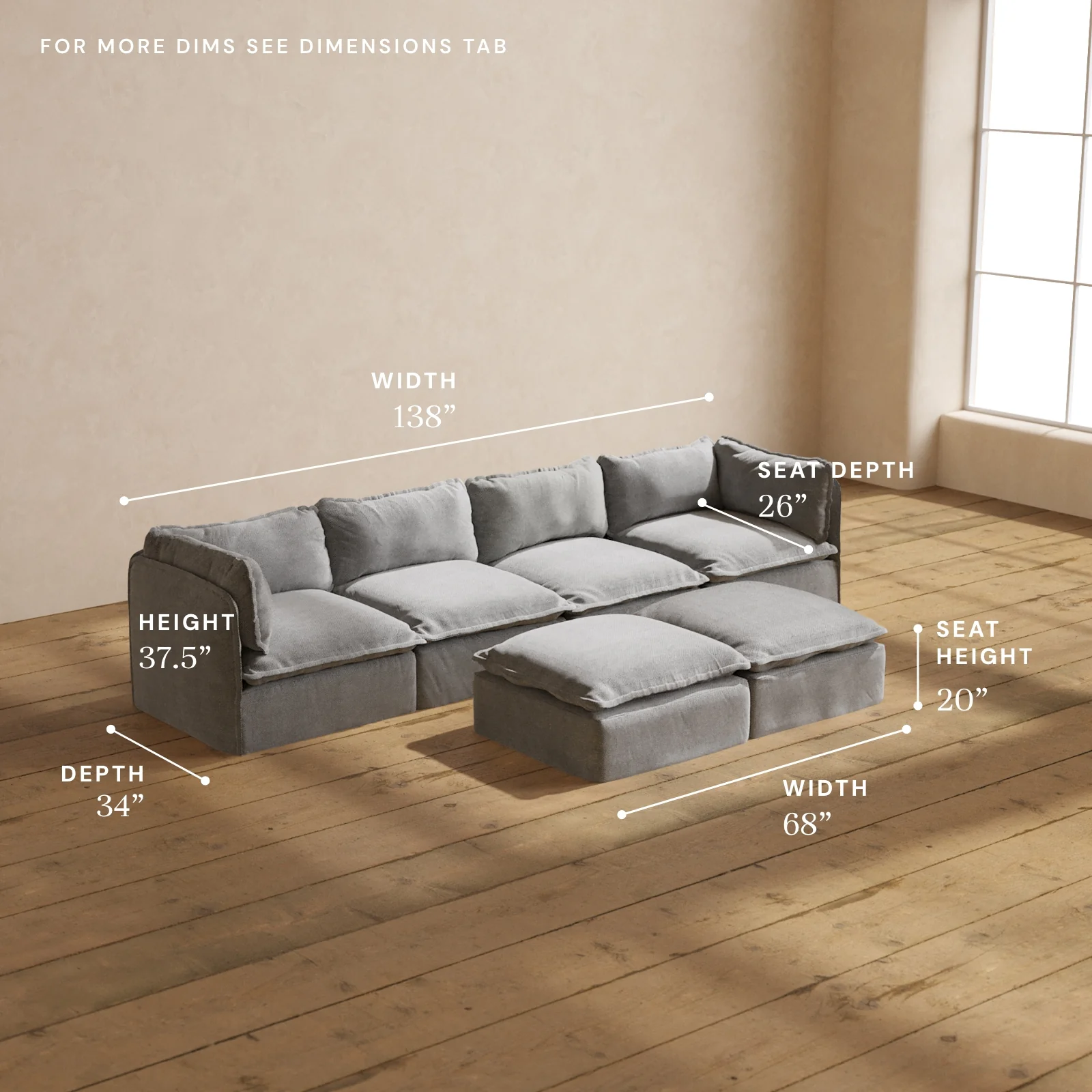 Modular Washable 4-Seater + Bench Ottoman in Ash | Memorix+ Seat | Contour Pillow - Image 5