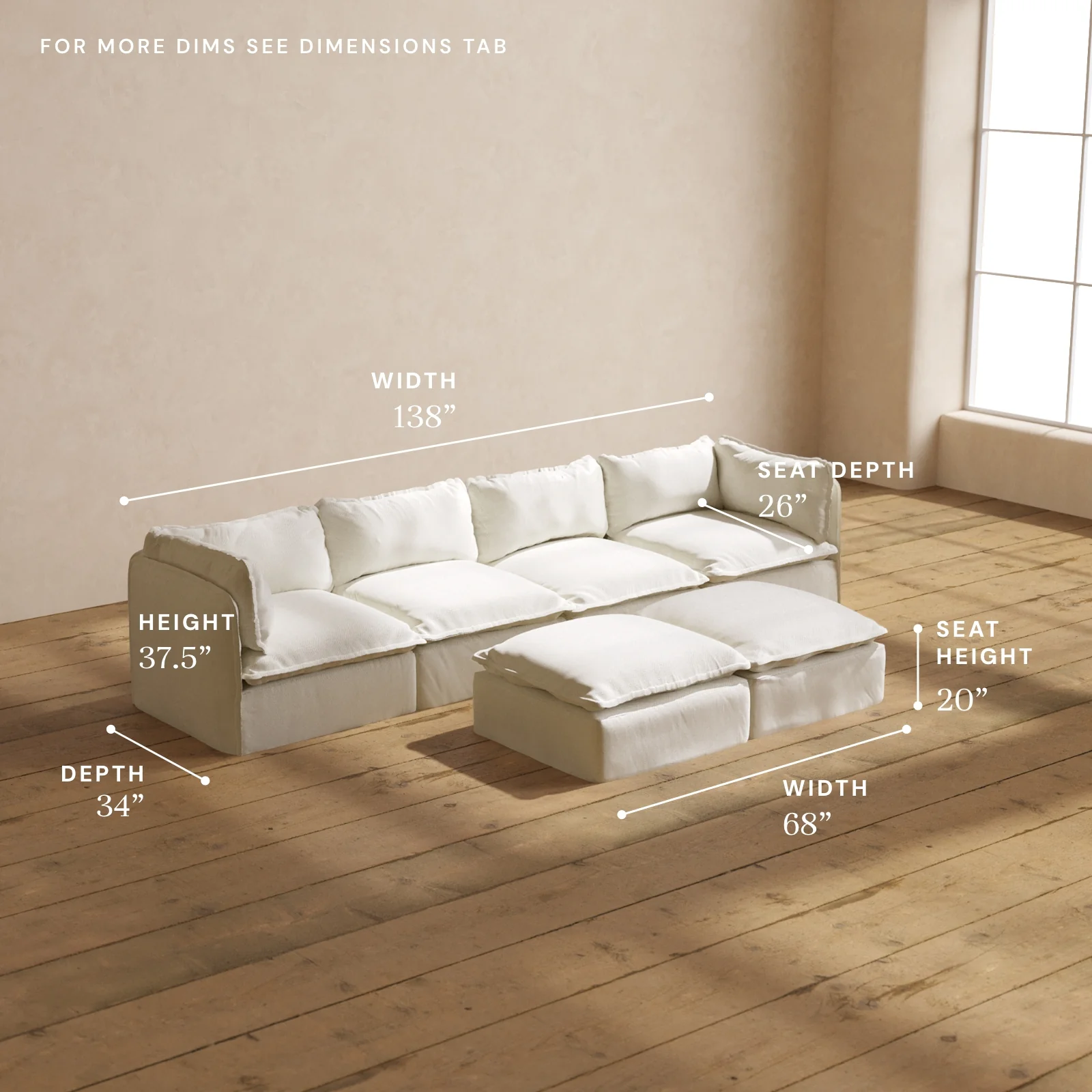 Modular Washable 4-Seater + Bench Ottoman in Eggshell | Deluxe+ Seat | Cloud Pillow - Image 5