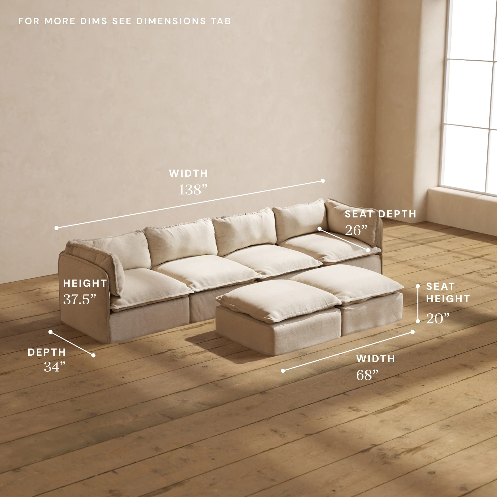 Modular Washable 4-Seater + Bench Ottoman in Oat | Memorix+ Seat | Contour Pillow - Image 5