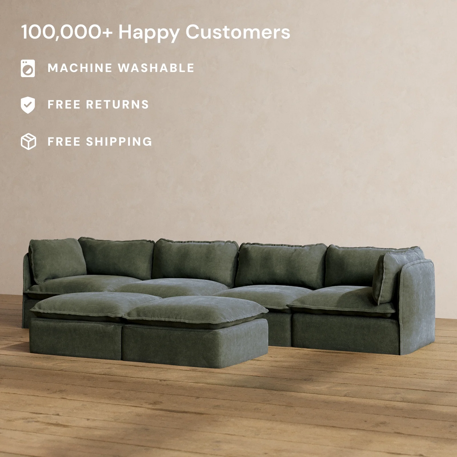Modular Washable 4-Seater + Bench Ottoman in Olivine | Deluxe+ Seat | Cloud Pillow - Image 2