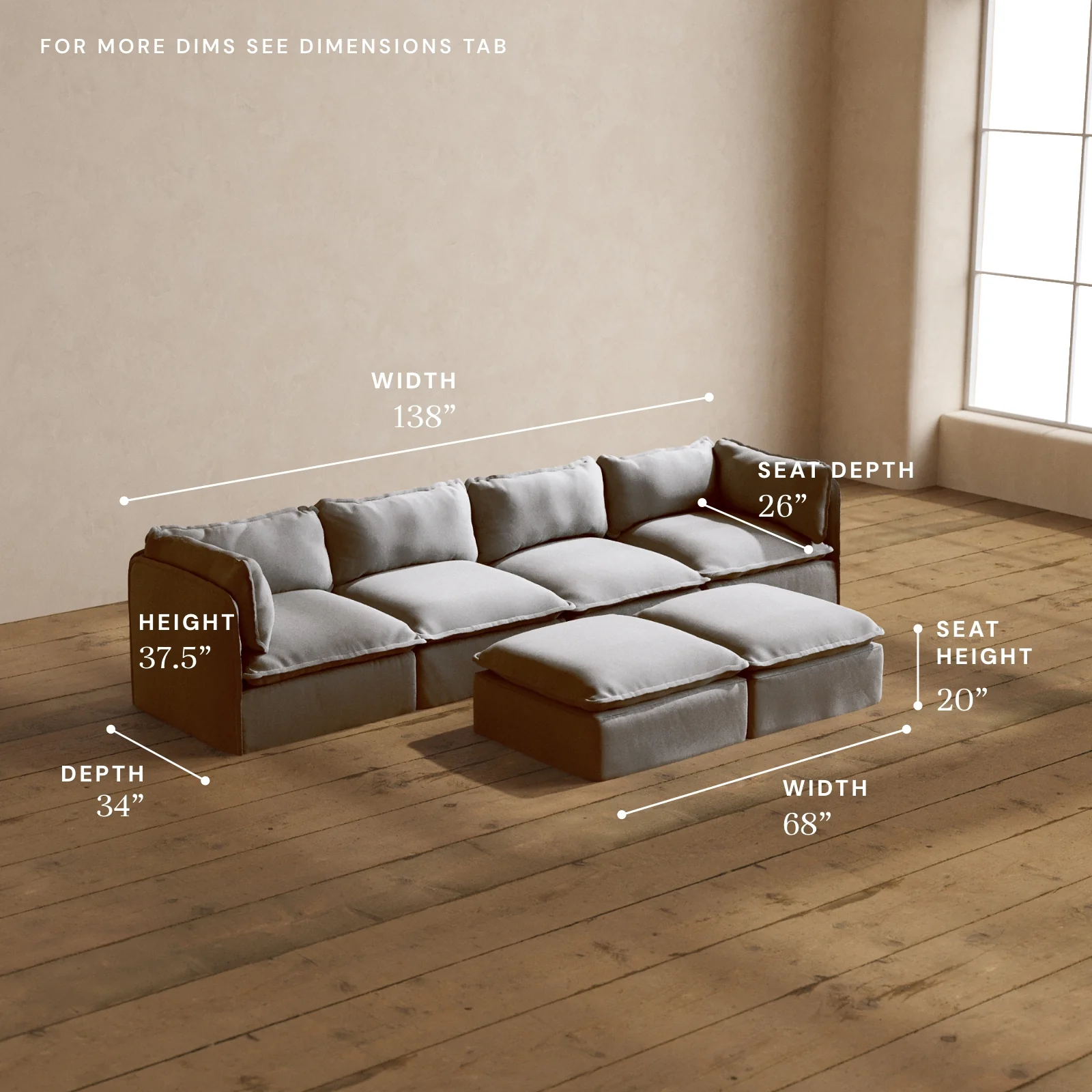 Modular Washable 4-Seater + Bench Ottoman in Pumice | Memorix+ Seat | Contour Pillow - Image 5