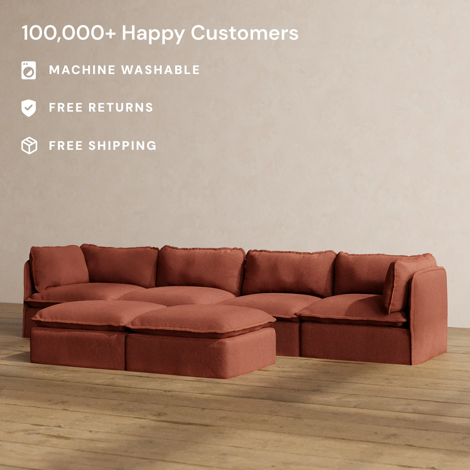Modular Washable 4-Seater + Bench Ottoman in Rust | Memorix+ Seat | Contour Pillow - Image 2