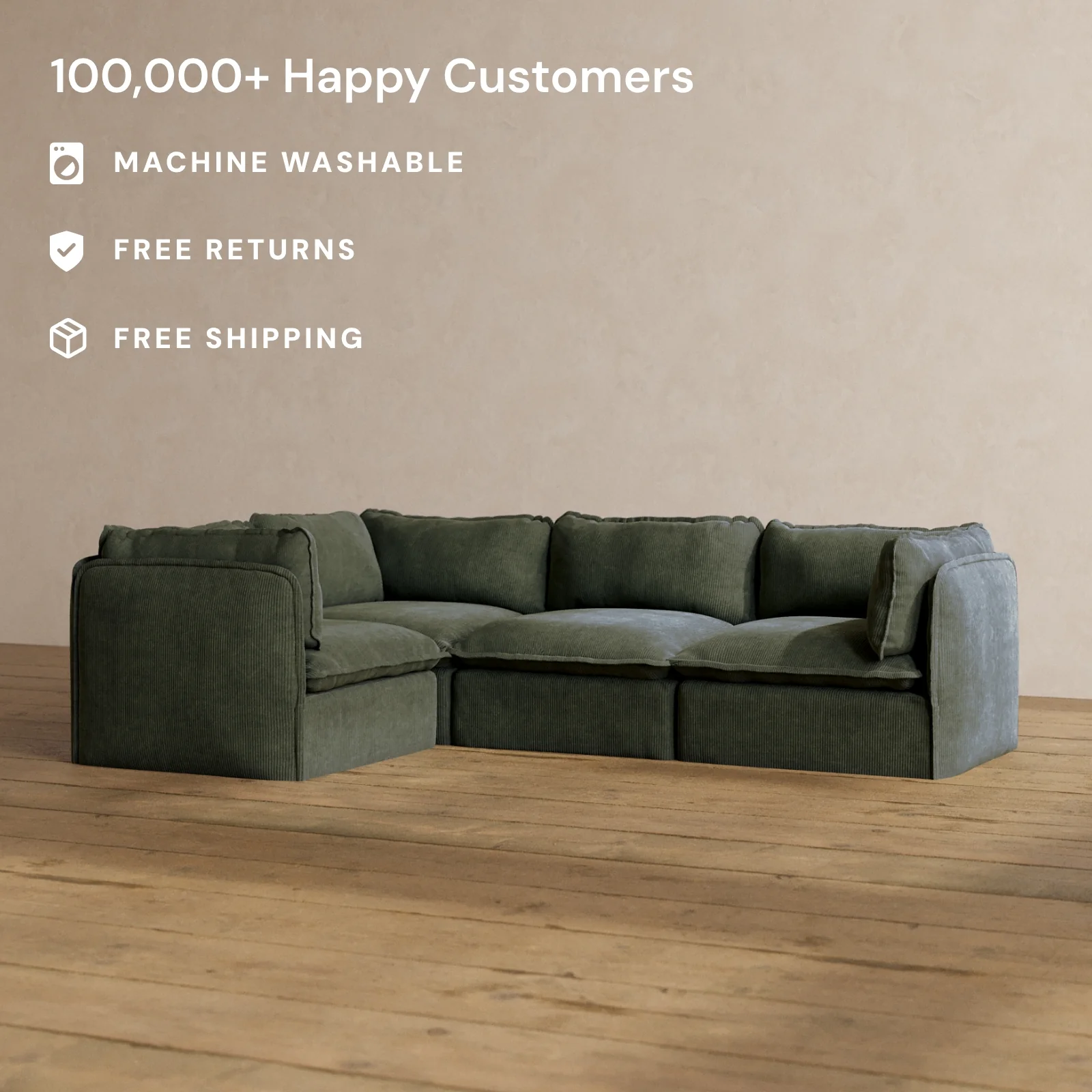 Modular Washable 4-Seater Corner Sectional in Olivine | Memorix+ Seat | Contour Pillow - Image 2