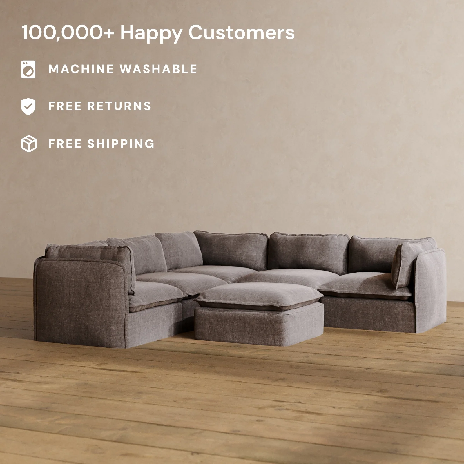Modular Washable 4-Seater Corner Sectional + Ottoman in Caviar | Deluxe+ Seat | Cloud Pillow - Image 2