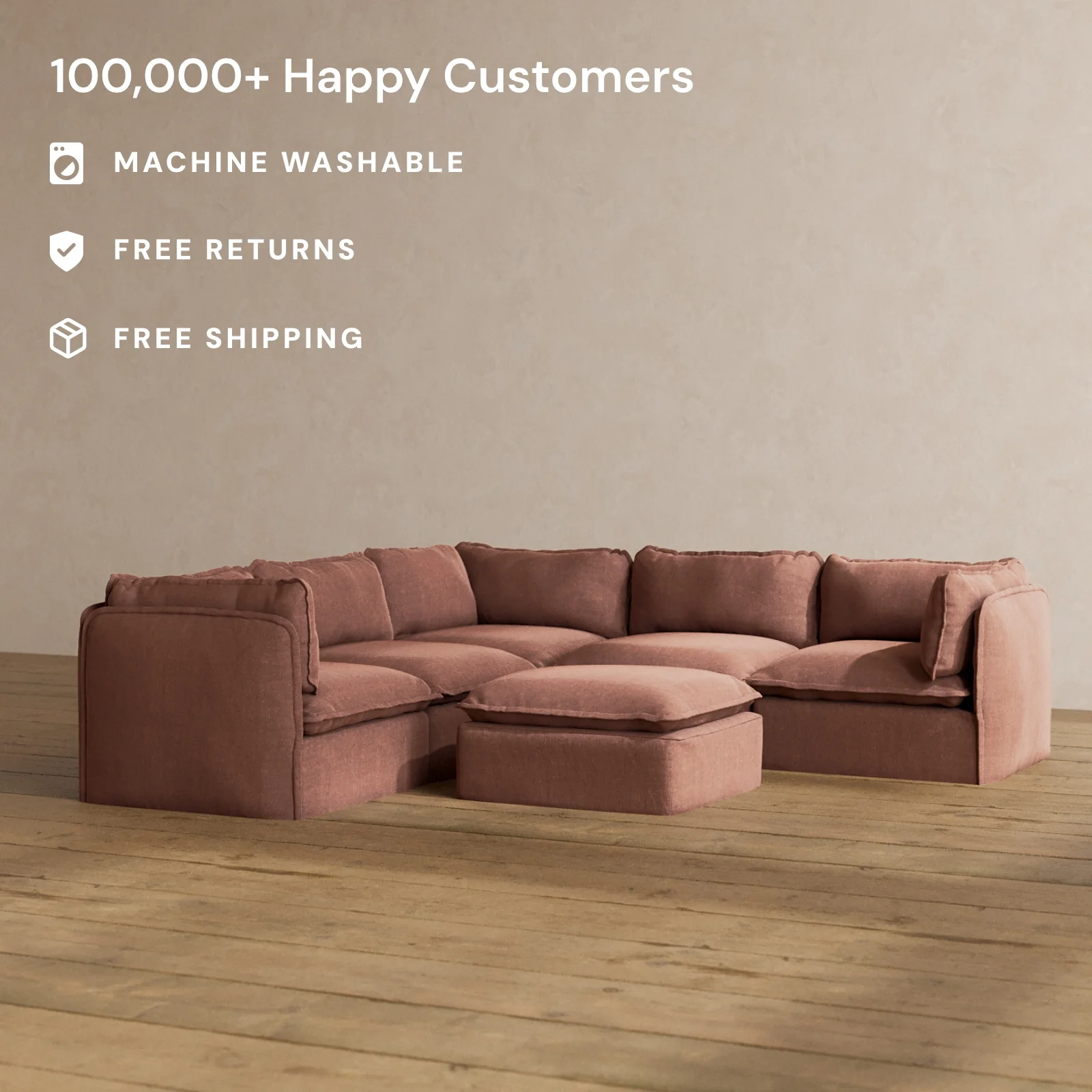 Modular Washable 4-Seater Corner Sectional + Ottoman in Chestnut | Memorix+ Seat | Contour Pillow - Image 2