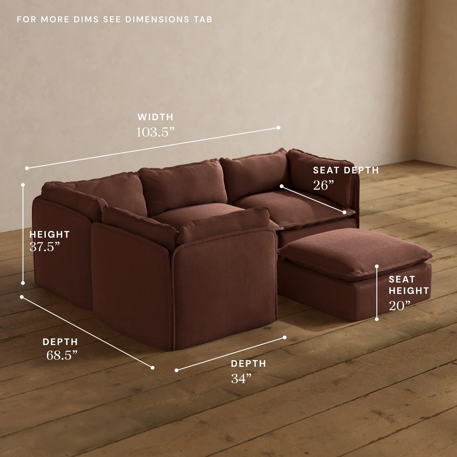 Modular Washable 4-Seater Corner Sectional + Ottoman in Chestnut | Memorix+ Seat | Contour Pillow - Image 5