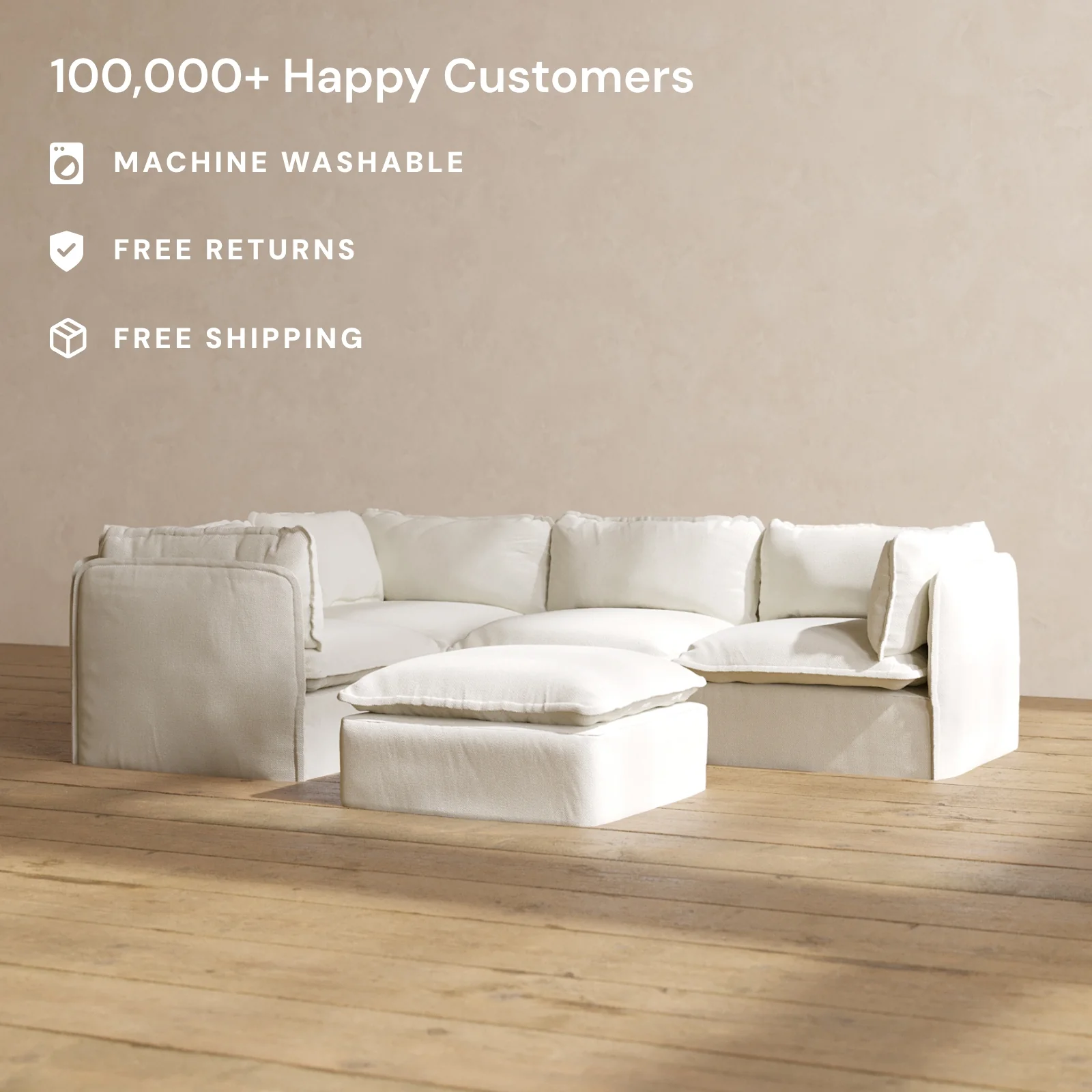 Modular Washable 4-Seater Corner Sectional + Ottoman in Eggshell | Deluxe+ Seat | Cloud Pillow - Image 2