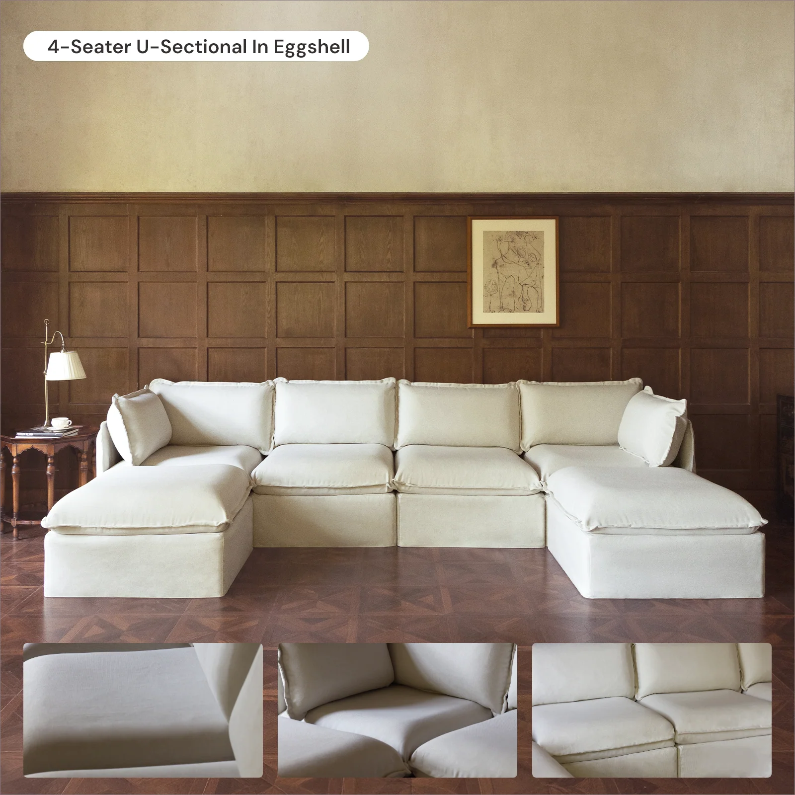 Modular Washable 4-Seater Corner Sectional + Ottoman in Eggshell | Deluxe+ Seat | Cloud Pillow - Image 7