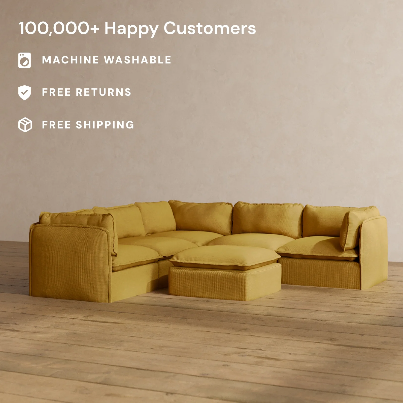 Modular Washable 4-Seater Corner Sectional + Ottoman in Kiiro | Memorix+ Seat | Contour Pillow - Image 2