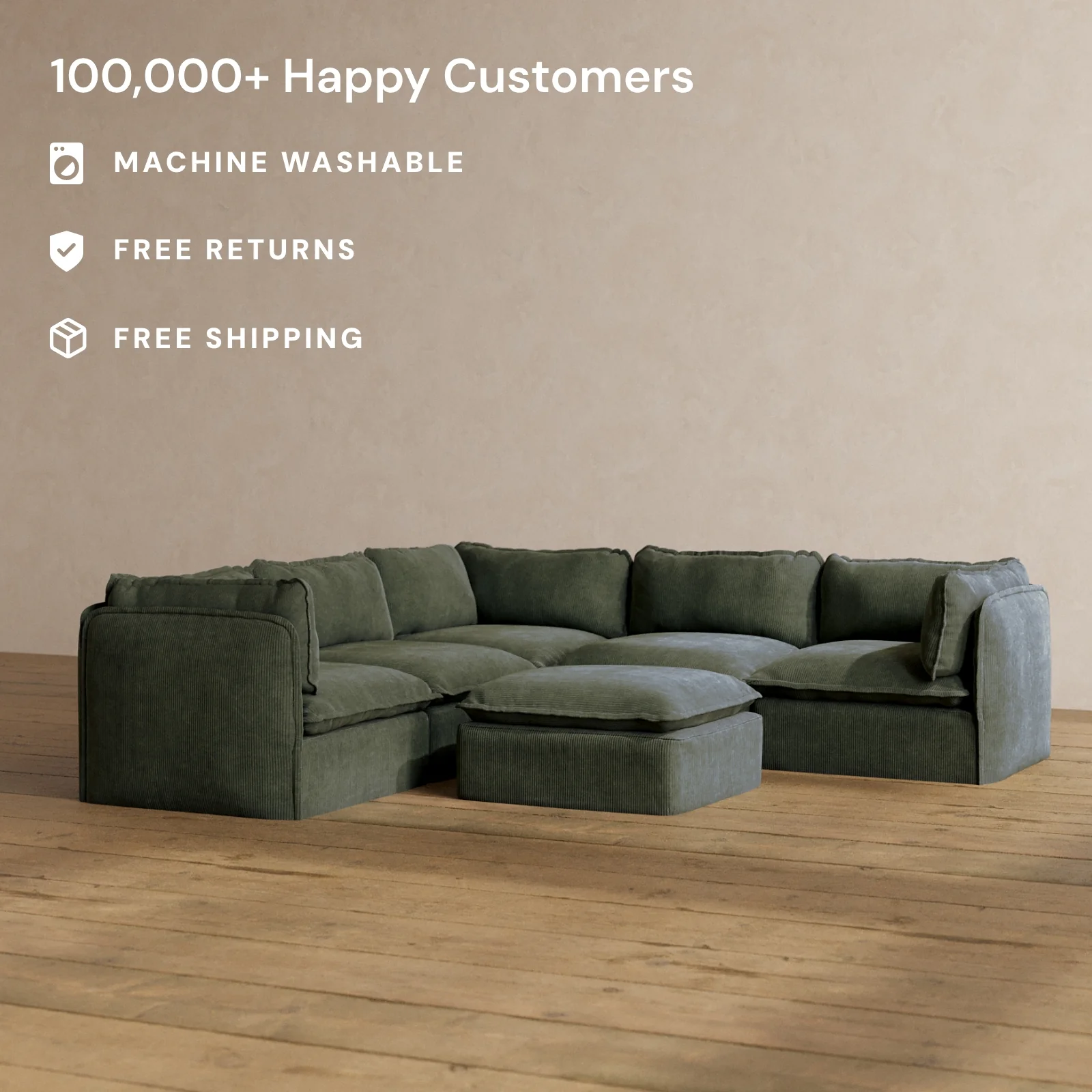 Modular Washable 4-Seater Corner Sectional + Ottoman in Olivine | Deluxe+ Seat | Cloud Pillow - Image 2