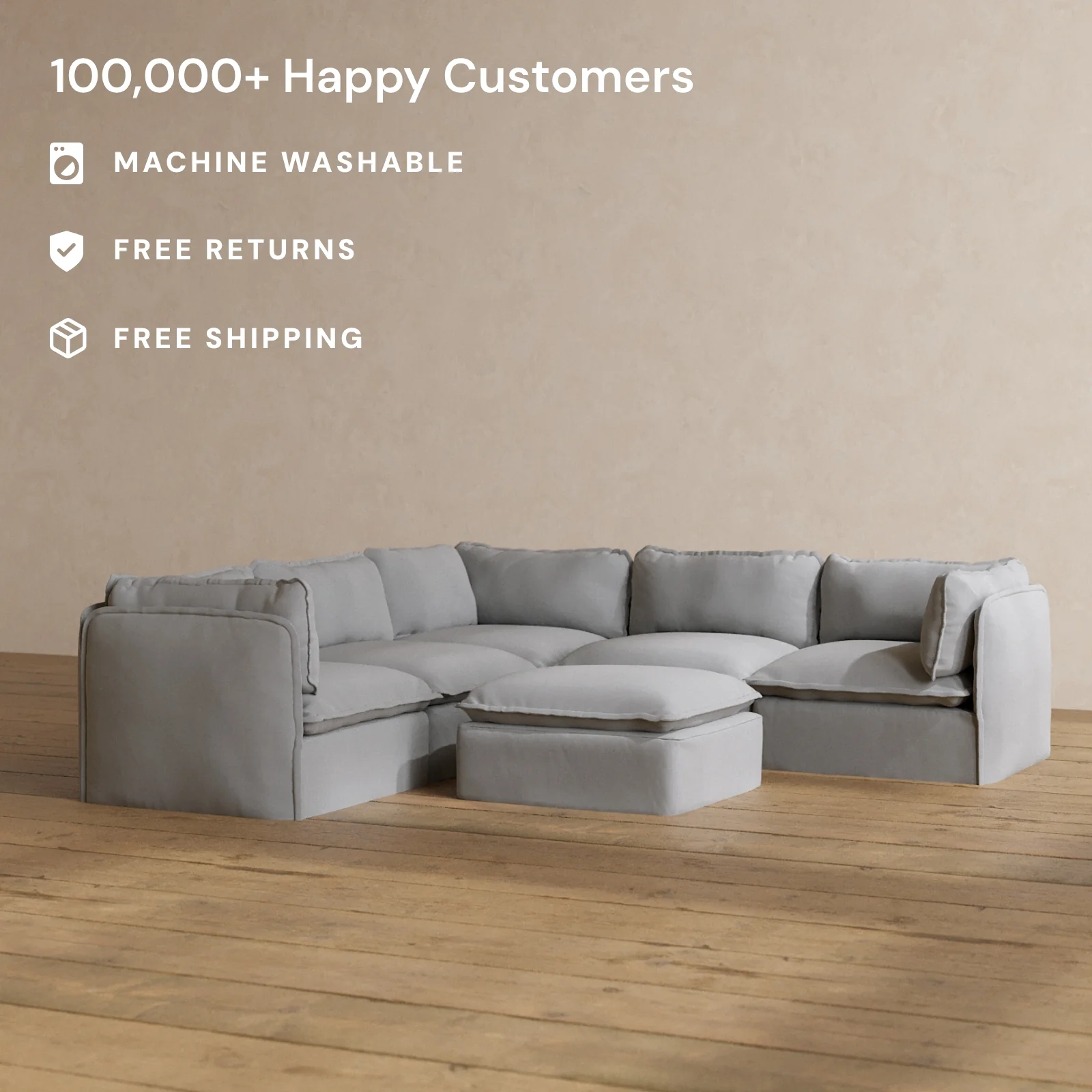 Modular Washable 4-Seater Corner Sectional + Ottoman in Pumice | Deluxe+ Seat | Cloud Pillow - Image 2