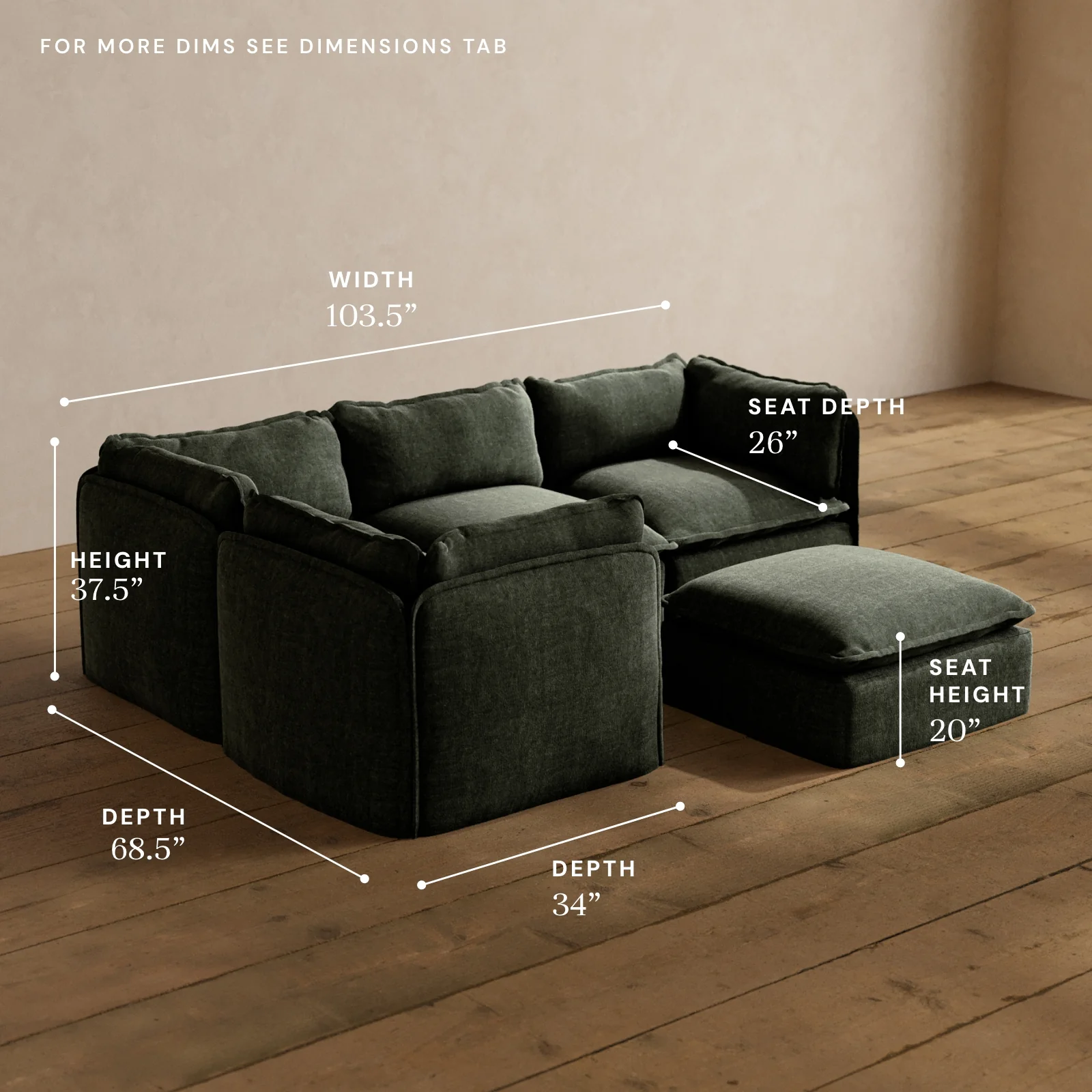 Modular Washable 4-Seater Corner Sectional + Ottoman in Willow | Deluxe+ Seat | Cloud Pillow - Image 5