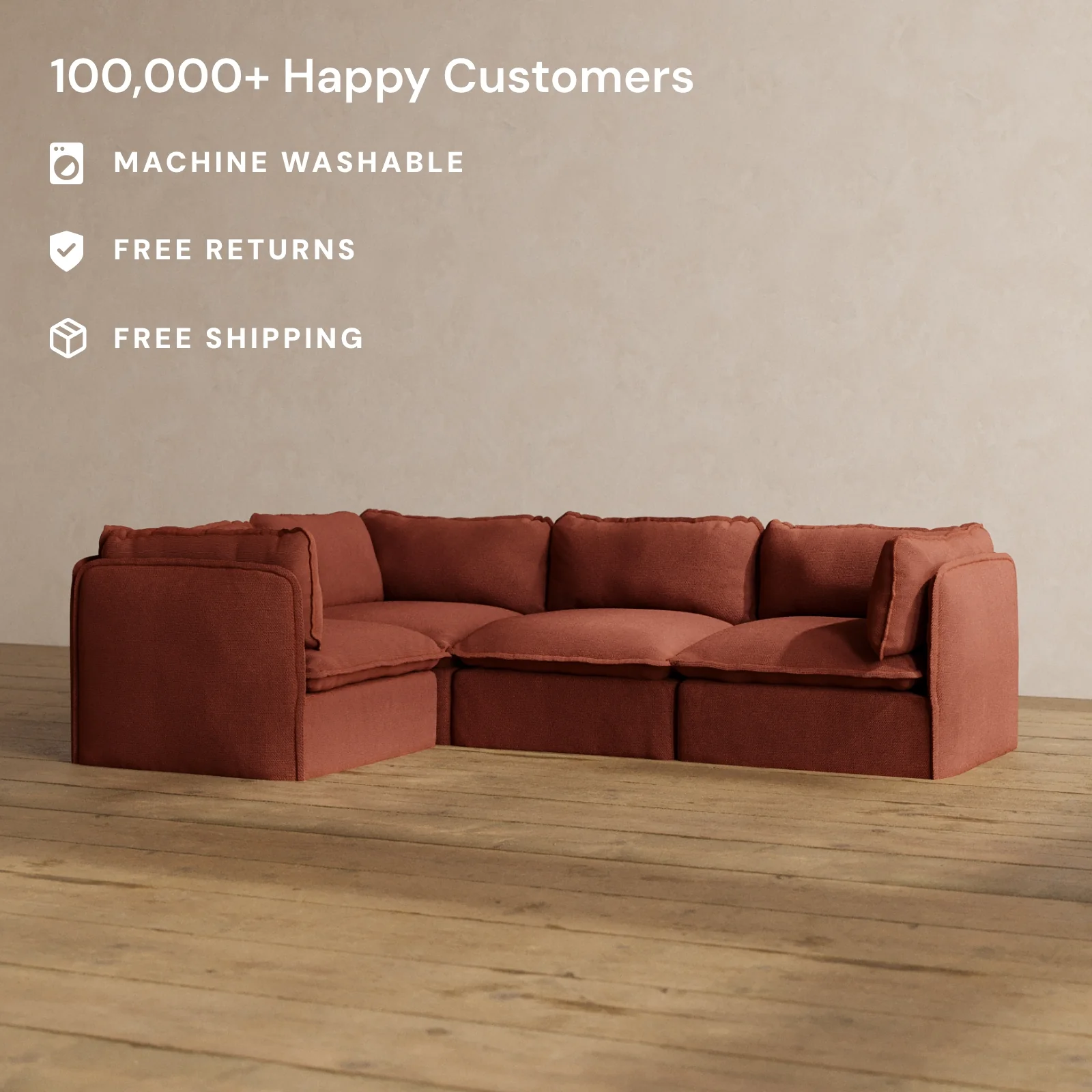 Modular Washable 4-Seater Corner Sectional in Rust | Memorix+ Seat | Contour Pillow - Image 2