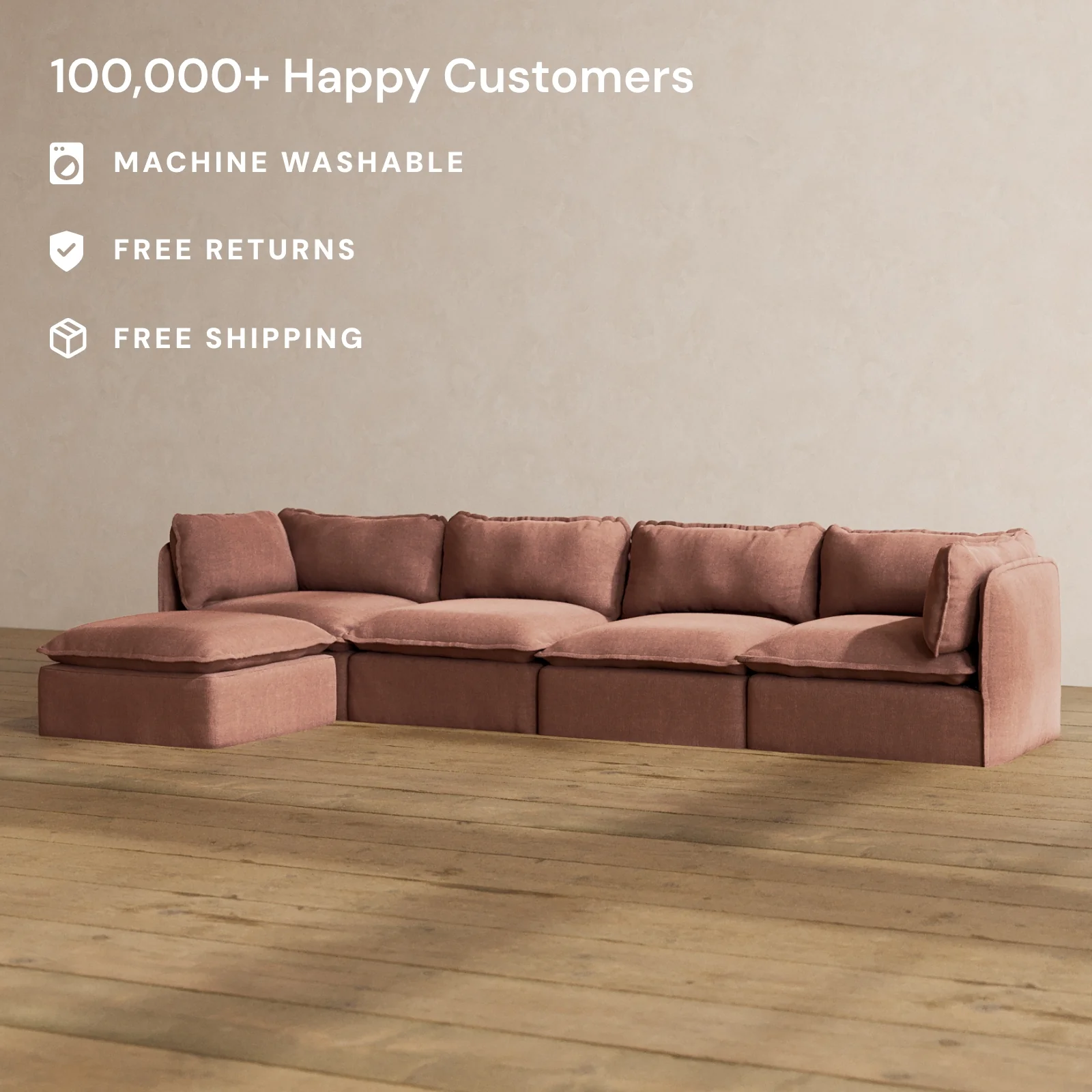 Modular Washable 4-Seater Sectional in Chestnut | Deluxe+ Seat | Cloud Pillow - Image 2