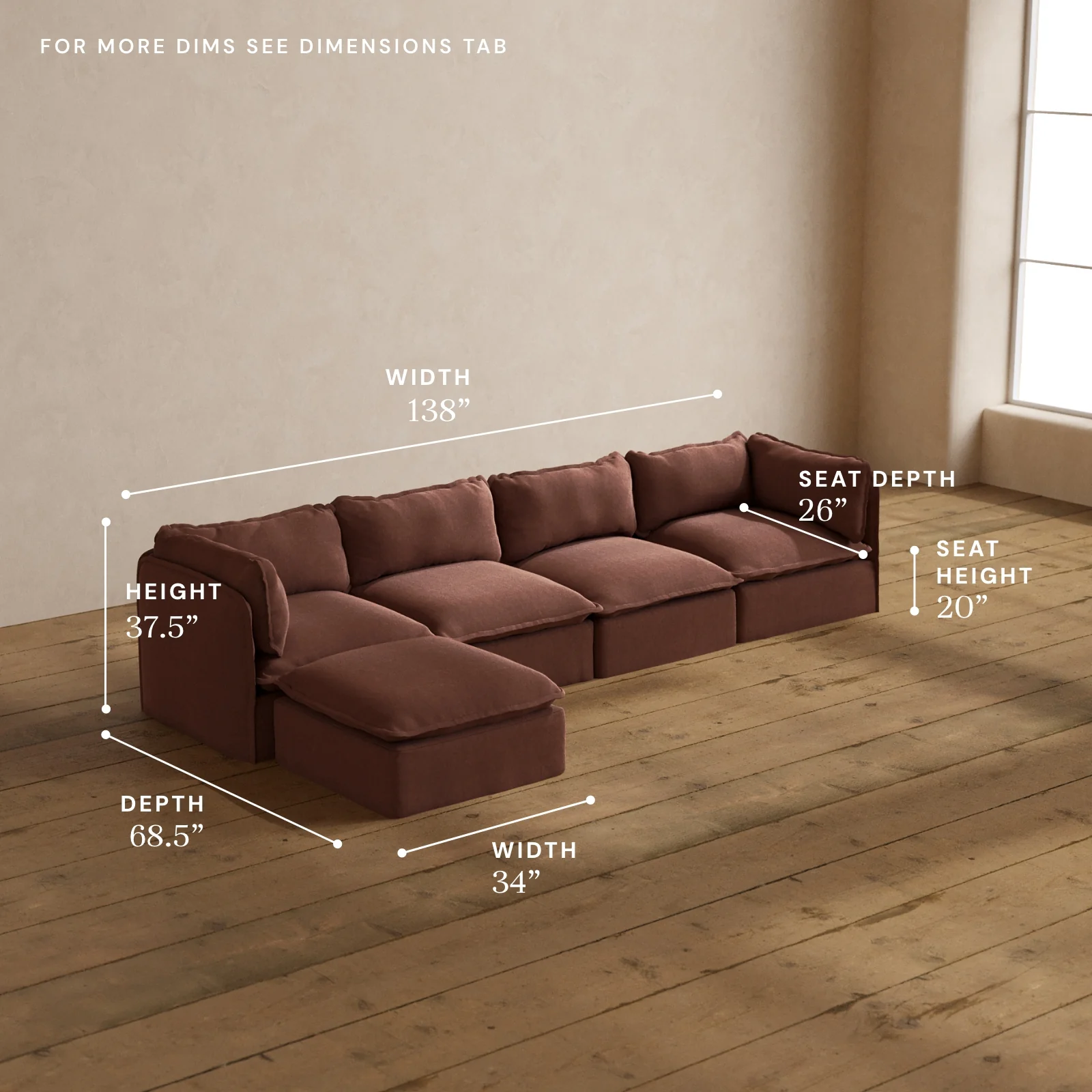 Modular Washable 4-Seater Sectional in Chestnut | Deluxe+ Seat | Cloud Pillow - Image 5