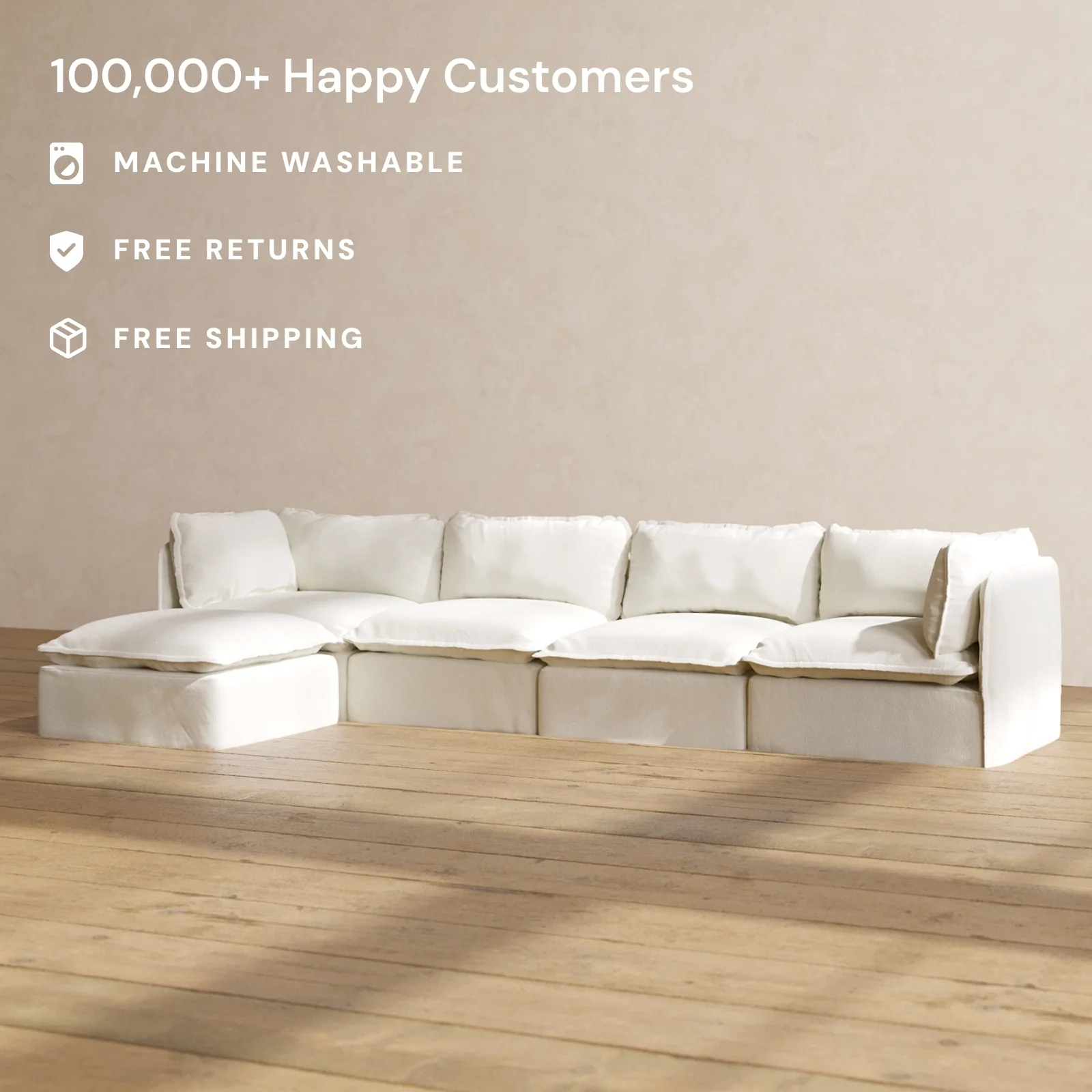 Modular Washable 4-Seater Sectional in Eggshell | Memorix+ Seat | Contour Pillow - Image 2