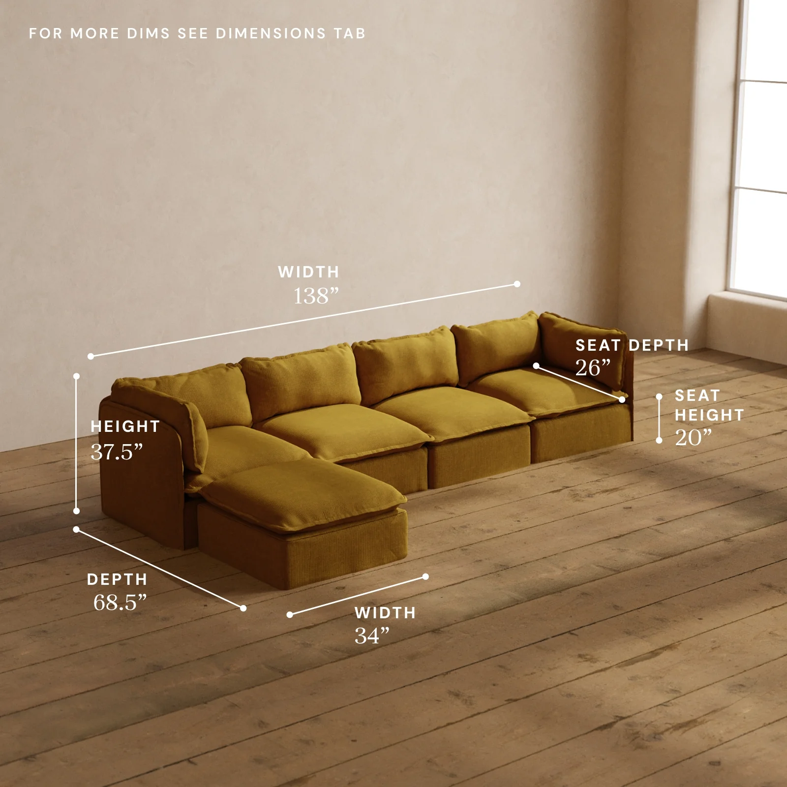 Modular Washable 4-Seater Sectional in Kiiro | Deluxe+ Seat | Cloud Pillow - Image 5