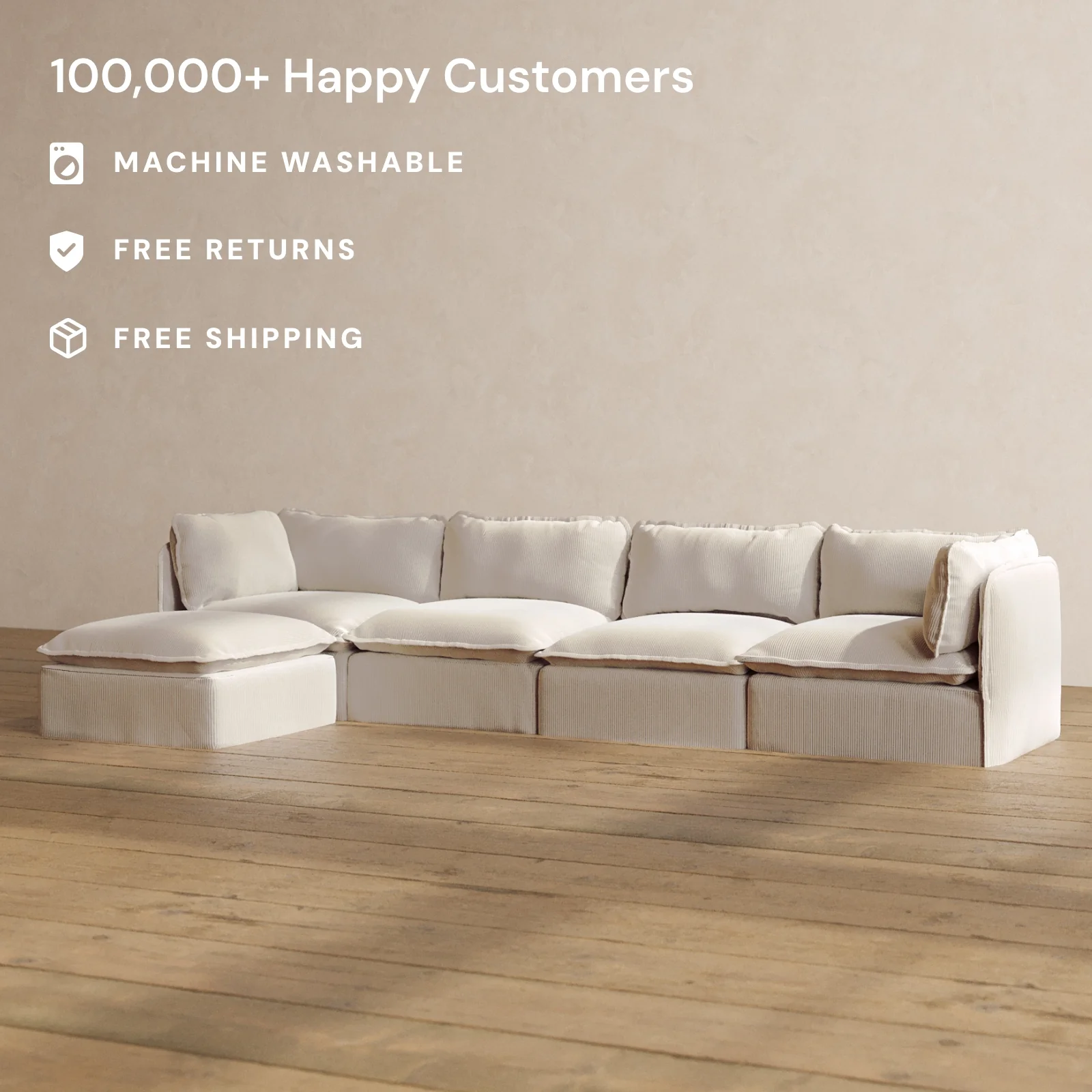 Modular Washable 4-Seater Sectional in Milk | Deluxe+ Seat | Cloud Pillow - Image 2