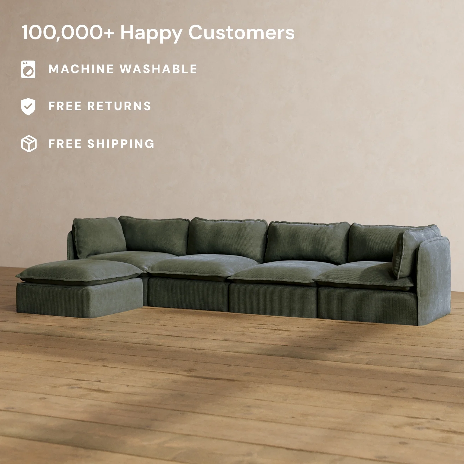 Modular Washable 4-Seater Sectional in Olivine | Deluxe+ Seat | Cloud Pillow - Image 2
