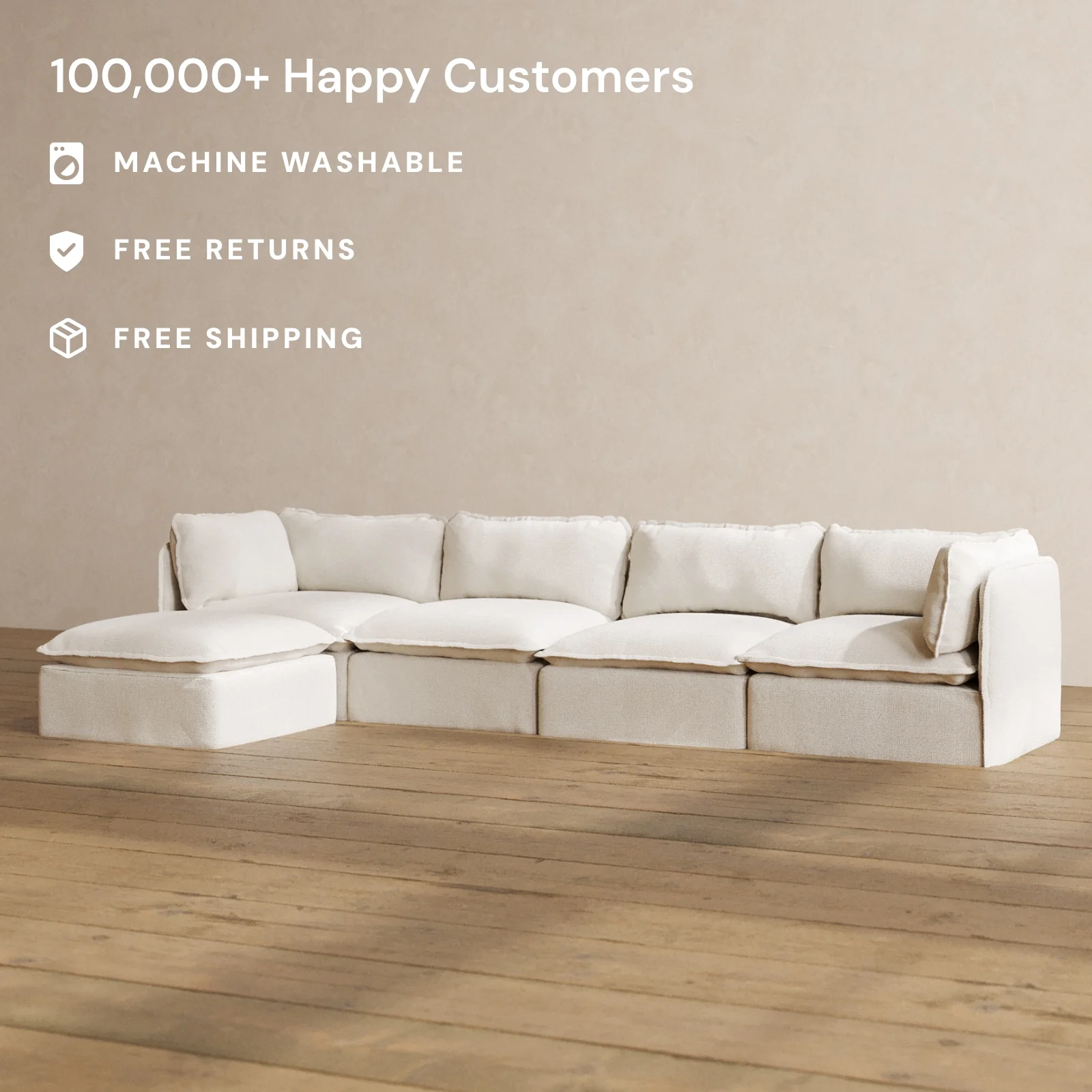 Modular Washable 4-Seater Sectional in Powder | Deluxe+ Seat | Cloud Pillow - Image 2