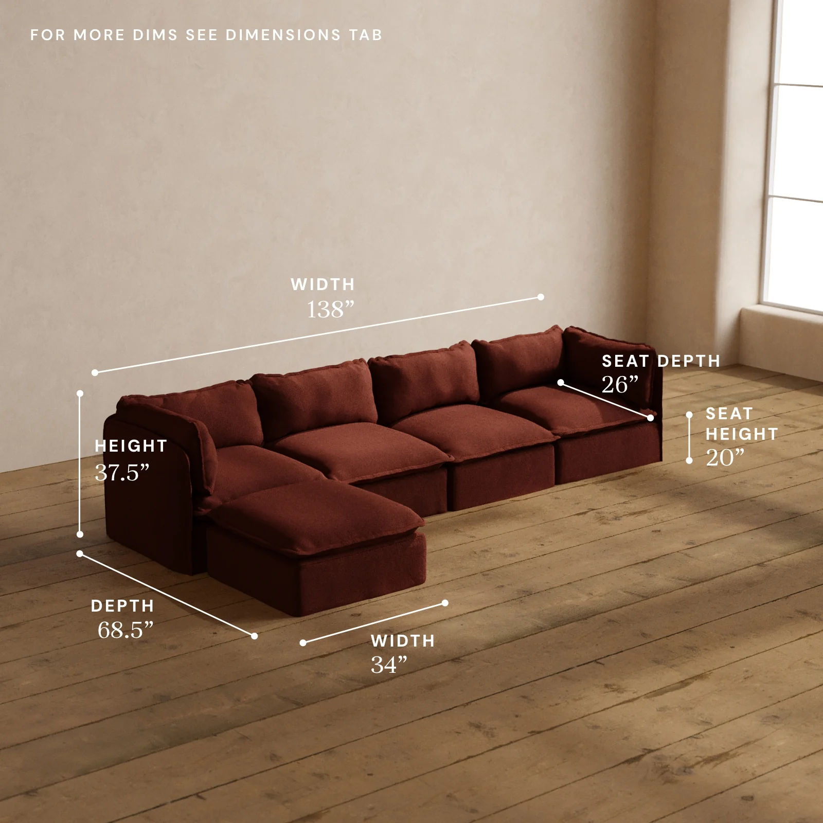Modular Washable 4-Seater Sectional in Rust | Deluxe+ Seat | Cloud Pillow - Image 5