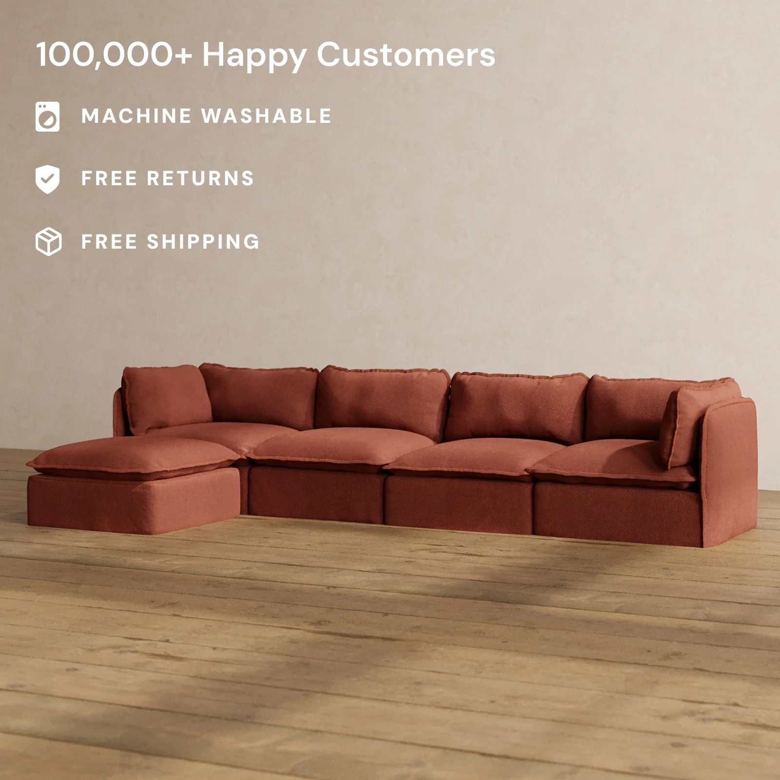 Modular Washable 4-Seater Sectional in Rust | Memorix+ Seat | Contour Pillow - Image 2