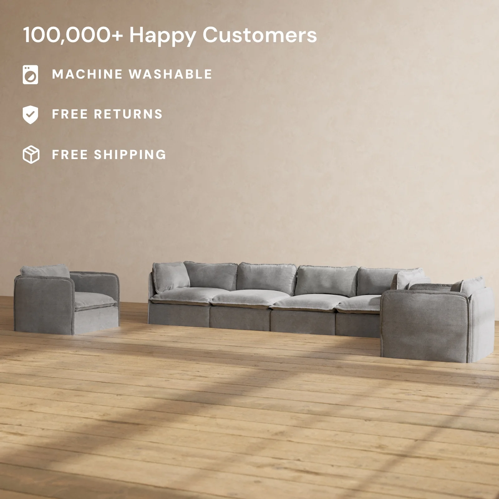Modular Washable 4-Seater Sofa + Armchair Set in Ash | Deluxe+ Seat | Cloud Pillow - Image 2