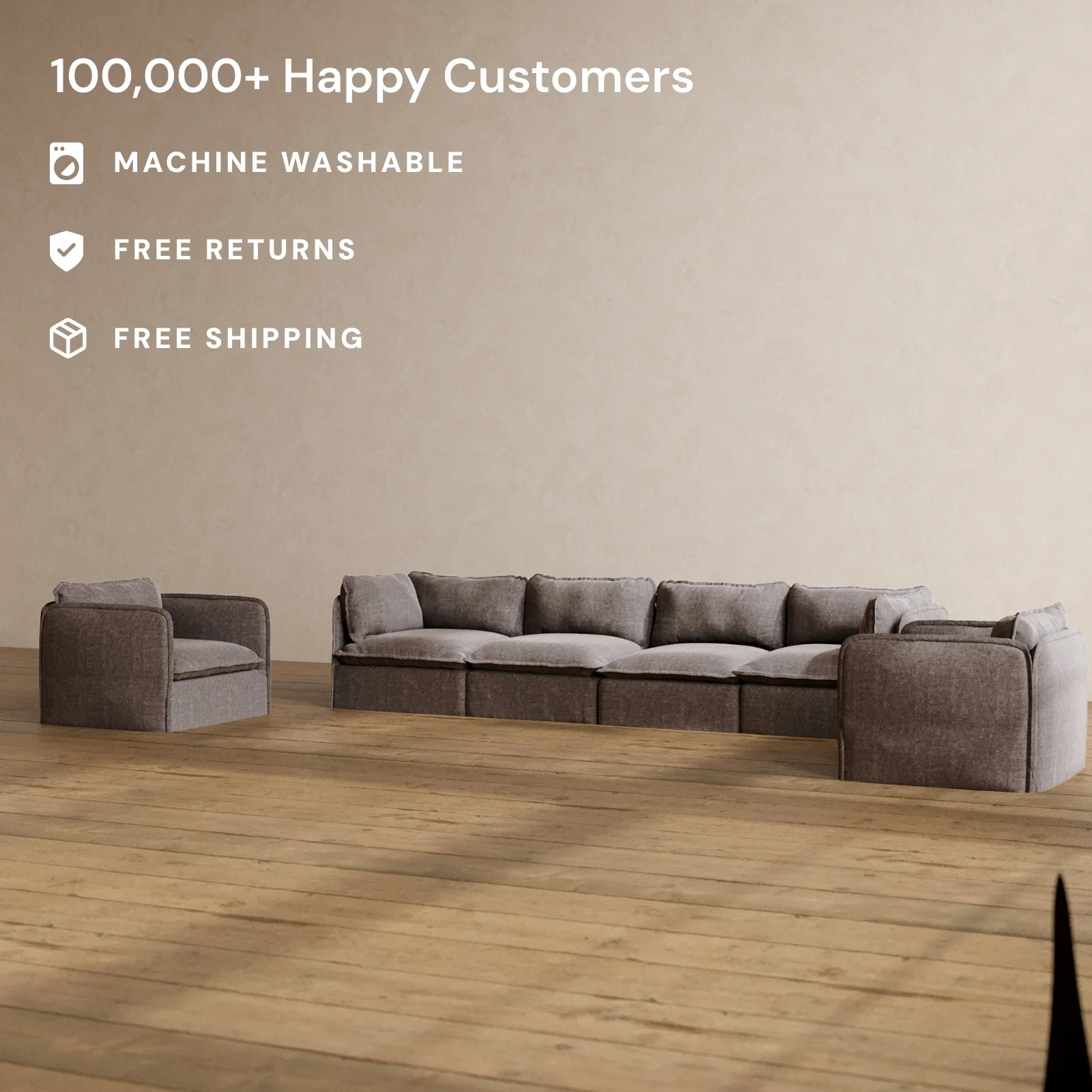 Modular Washable 4-Seater Sofa + Armchair Set in Caviar | Memorix+ Seat | Contour Pillow - Image 2