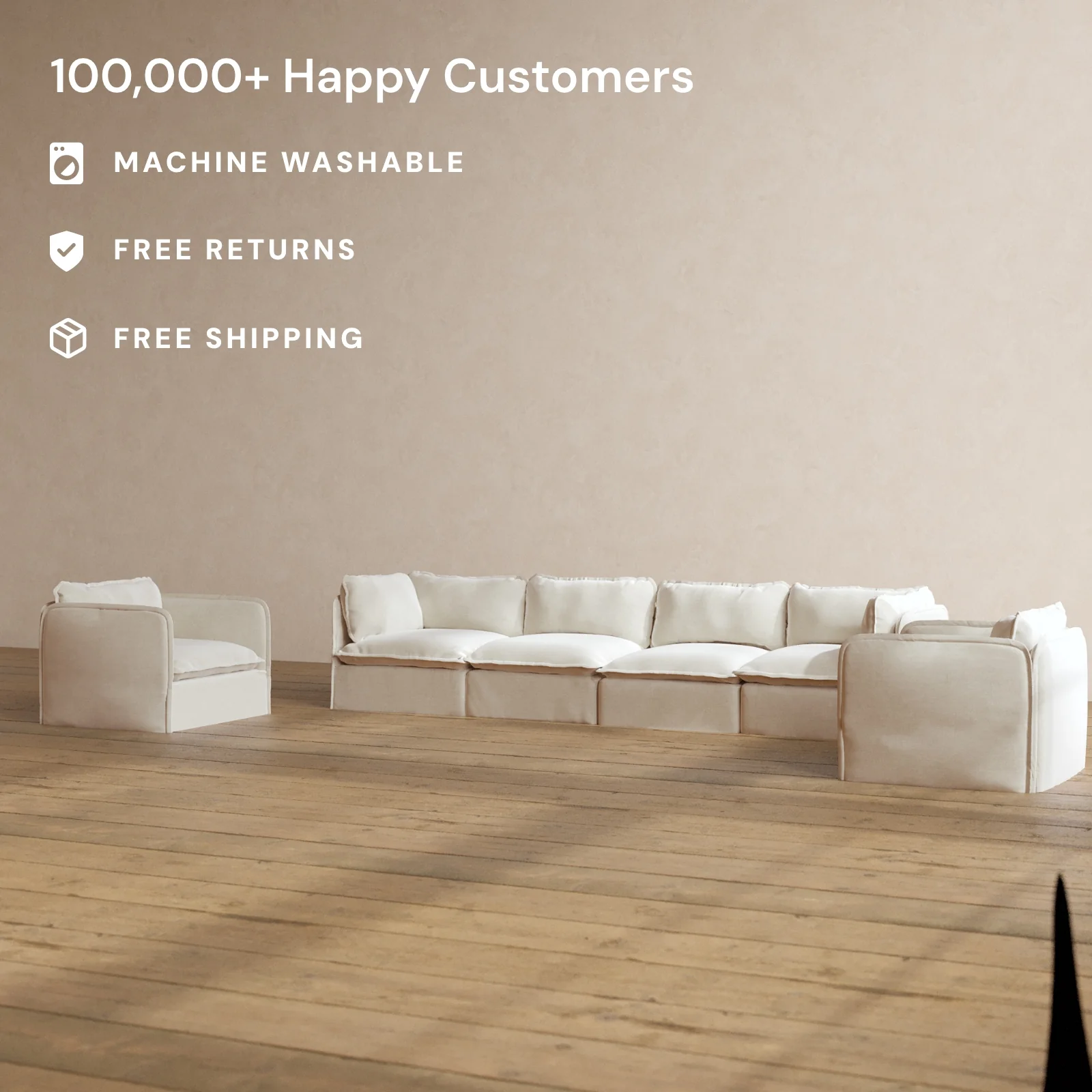 Modular Washable 4-Seater Sofa + Armchair Set in Coco | Deluxe+ Seat | Cloud Pillow - Image 2