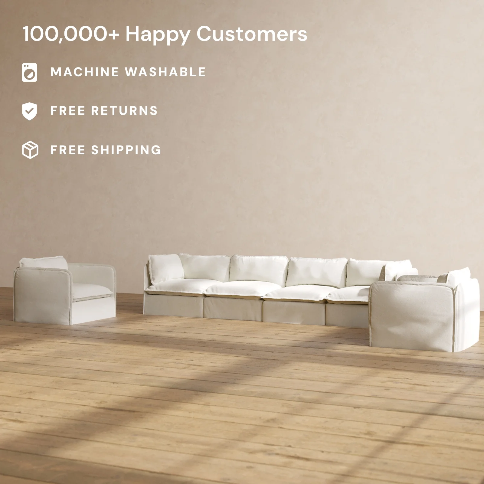 Modular Washable 4-Seater Sofa + Armchair Set in Eggshell | Deluxe+ Seat | Cloud Pillow - Image 2