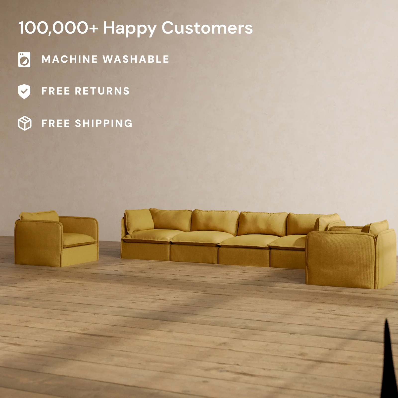 Modular Washable 4-Seater Sofa + Armchair Set in Kiiro | Deluxe+ Seat | Cloud Pillow - Image 2