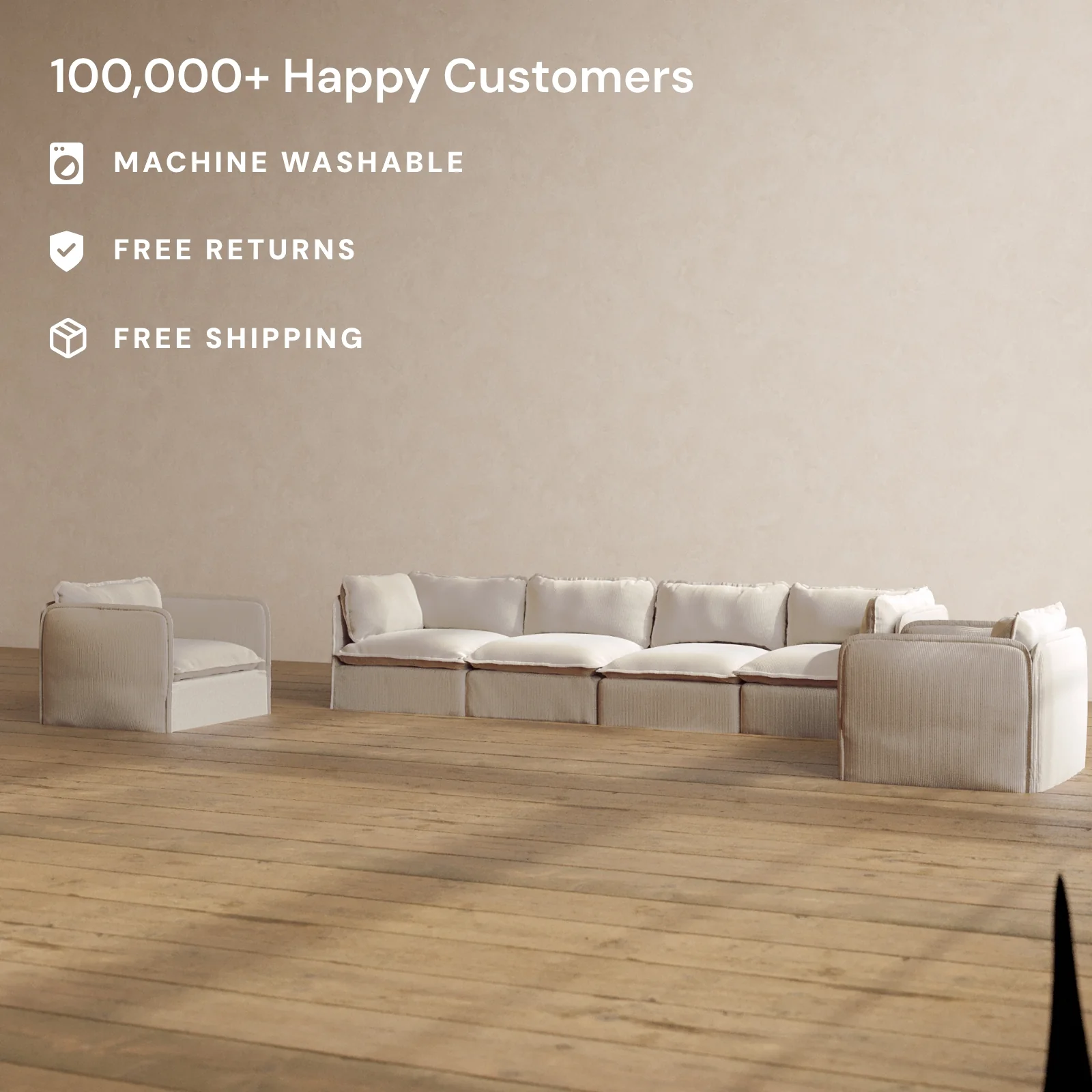 Modular Washable 4-Seater Sofa + Armchair Set in Milk | Deluxe+ Seat | Cloud Pillow - Image 2