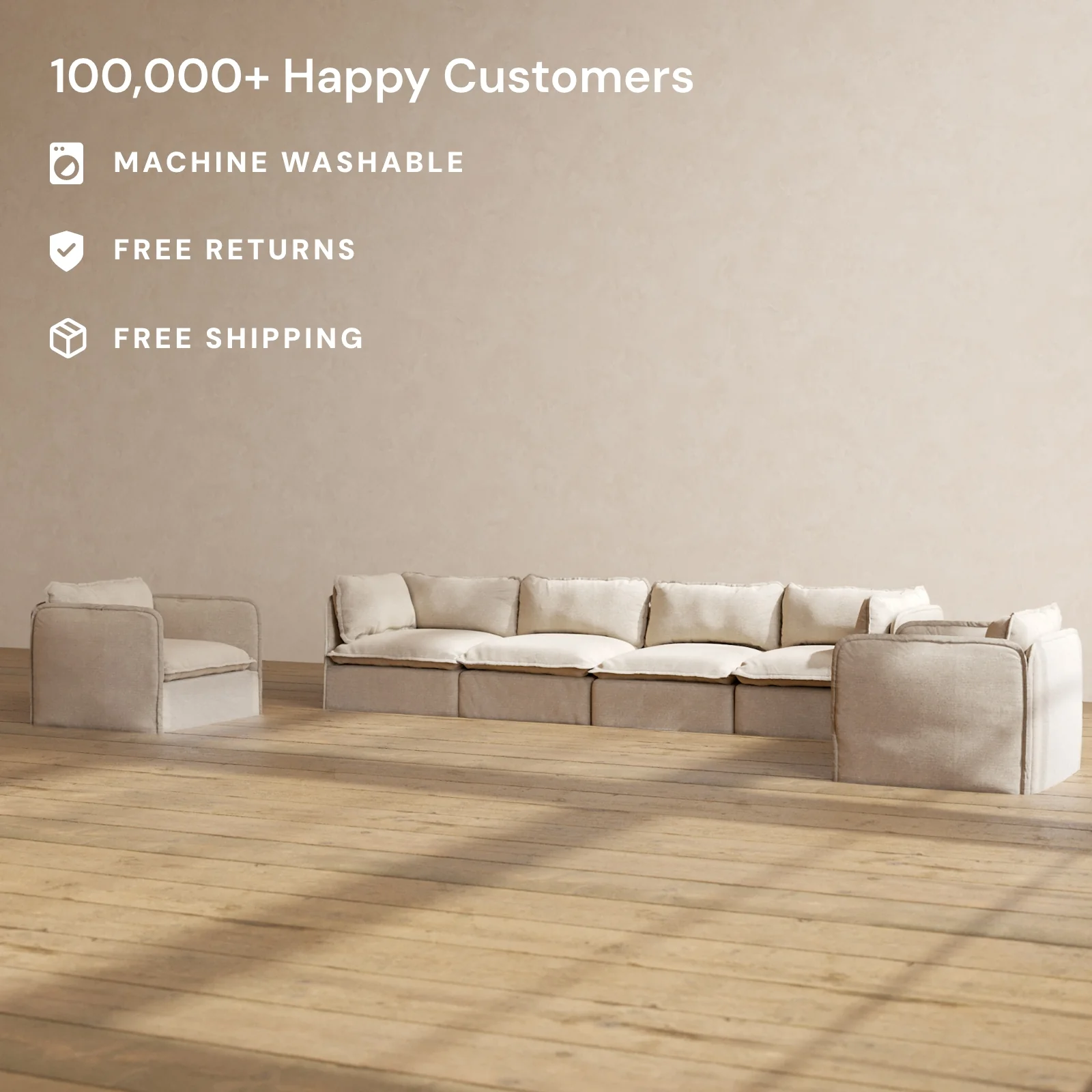 Modular Washable 4-Seater Sofa + Armchair Set in Oat | Deluxe+ Seat | Cloud Pillow - Image 2