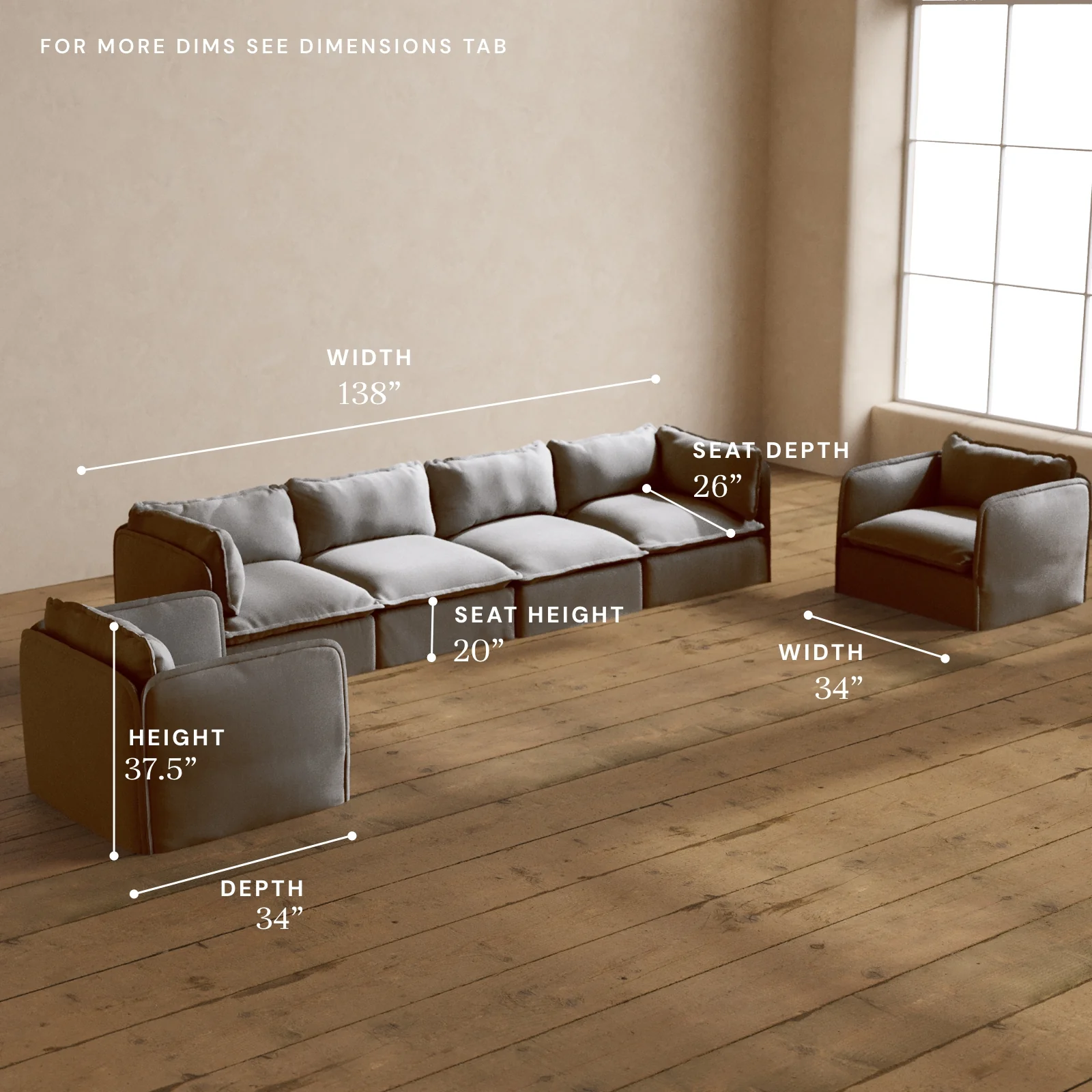 Modular Washable 4-Seater Sofa + Armchair Set in Pumice | Deluxe+ Seat | Cloud Pillow - Image 5