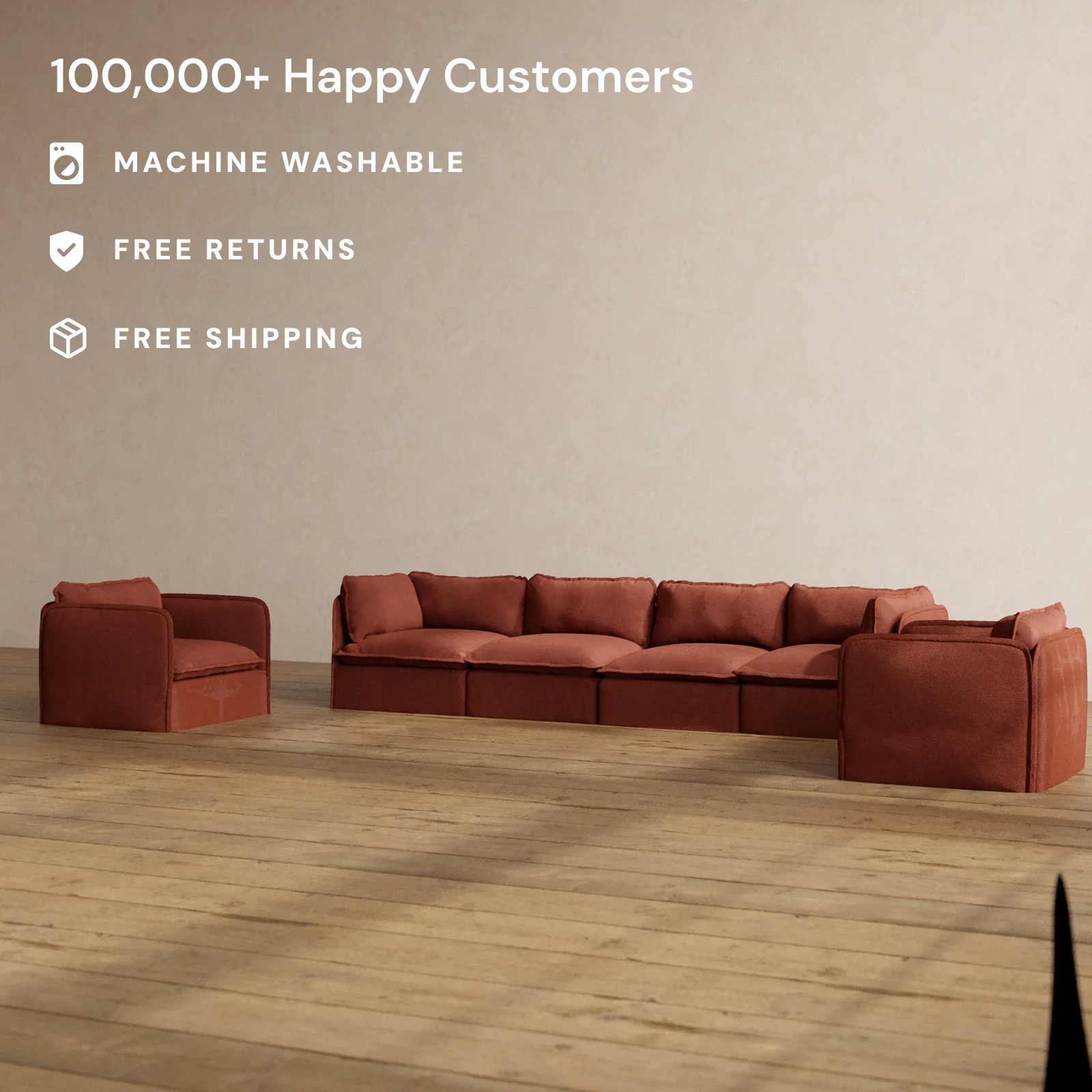 Modular Washable 4-Seater Sofa + Armchair Set in Rust | Deluxe+ Seat | Cloud Pillow - Image 2