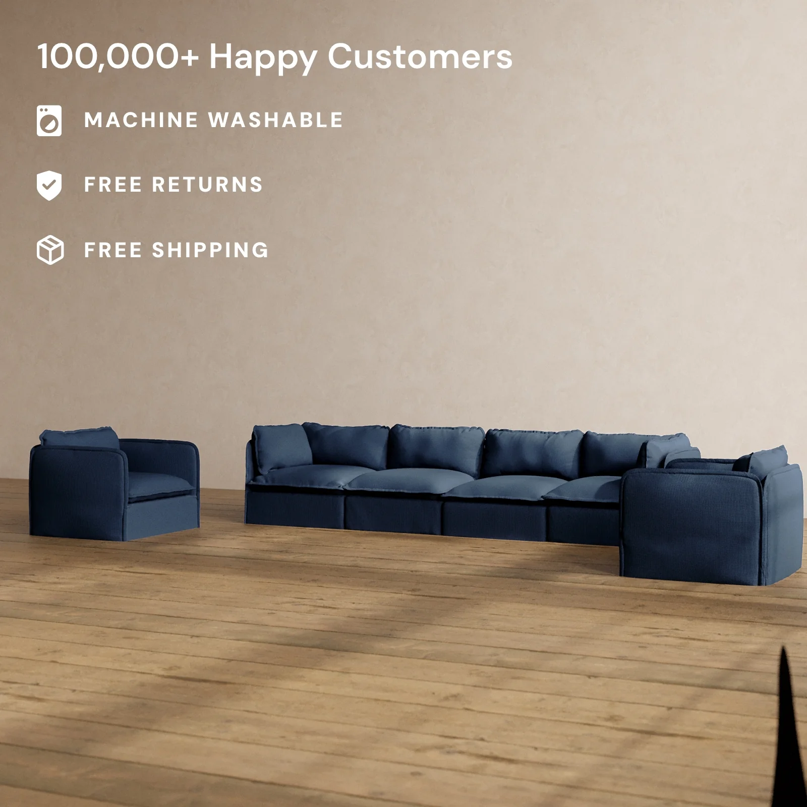 Modular Washable 4-Seater Sofa + Armchair Set in Sumi | Deluxe+ Seat | Cloud Pillow - Image 2
