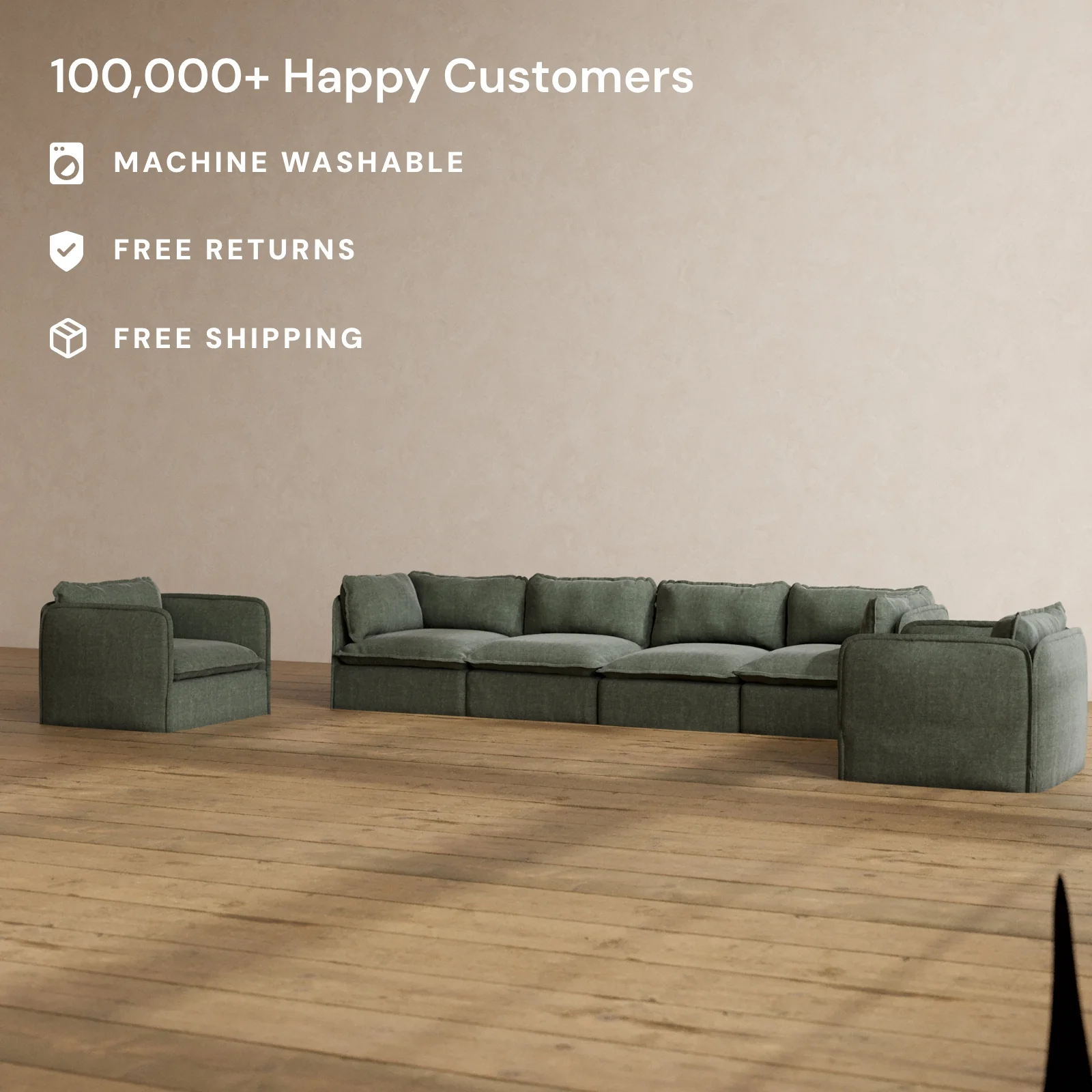 Modular Washable 4-Seater Sofa + Armchair Set in Willow | Memorix+ Seat | Contour Pillow - Image 2