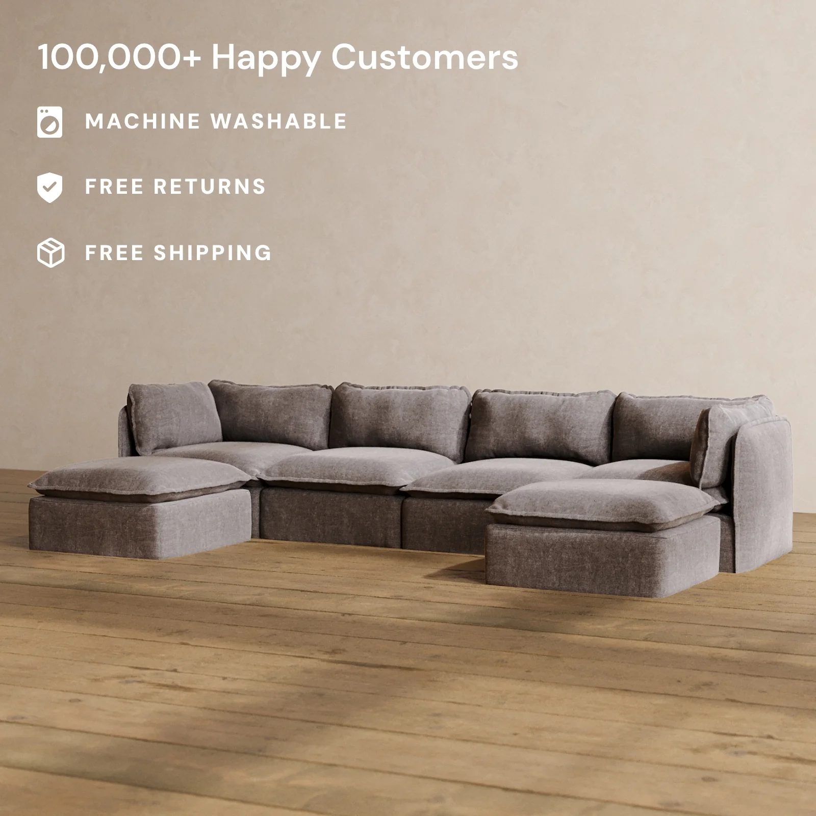 Modular Washable 4-Seater U-Sectional in Caviar | Deluxe+ Seat | Cloud Pillow - Image 2