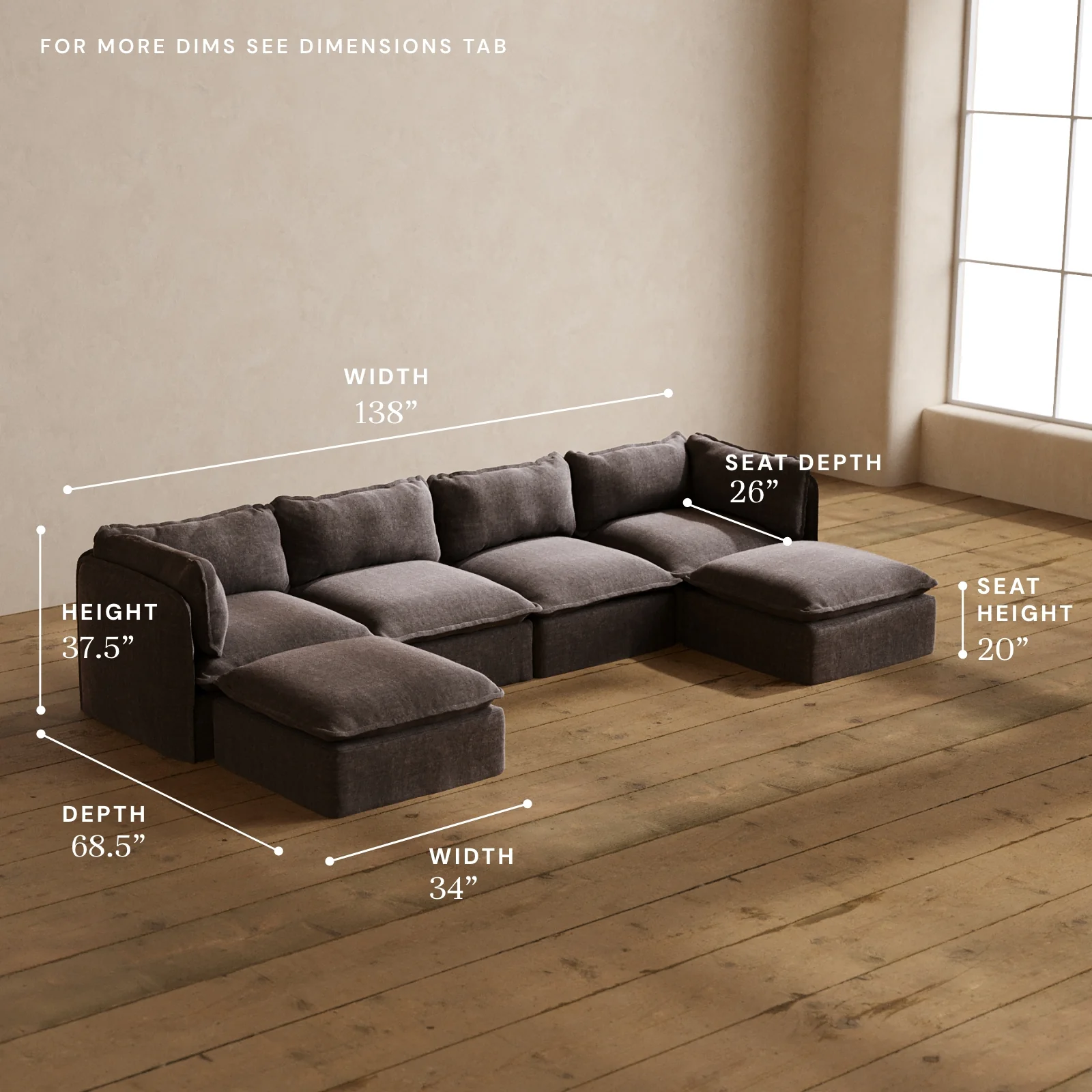 Modular Washable 4-Seater U-Sectional in Caviar | Deluxe+ Seat | Cloud Pillow - Image 5