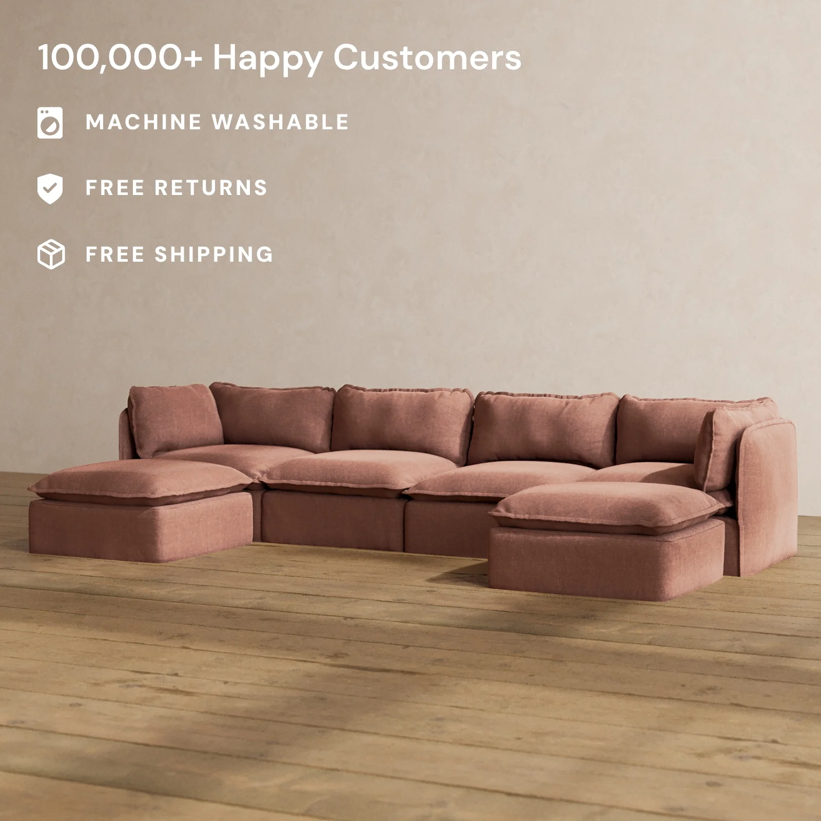 Modular Washable 4-Seater U-Sectional in Chestnut | Deluxe+ Seat | Cloud Pillow - Image 2