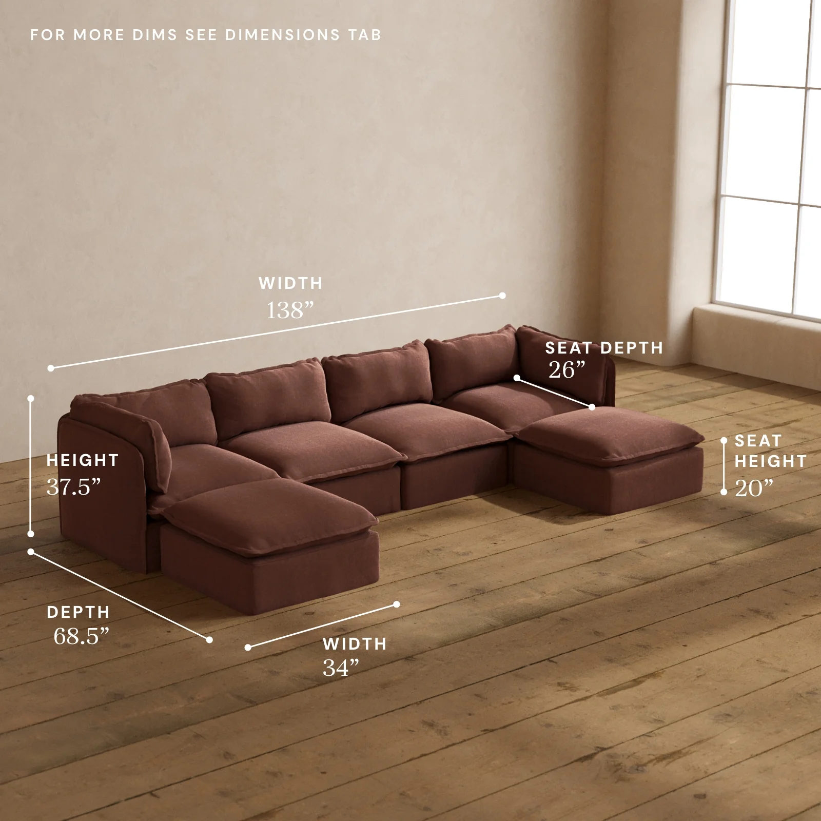 Modular Washable 4-Seater U-Sectional in Chestnut | Memorix+ Seat | Contour Pillow - Image 5
