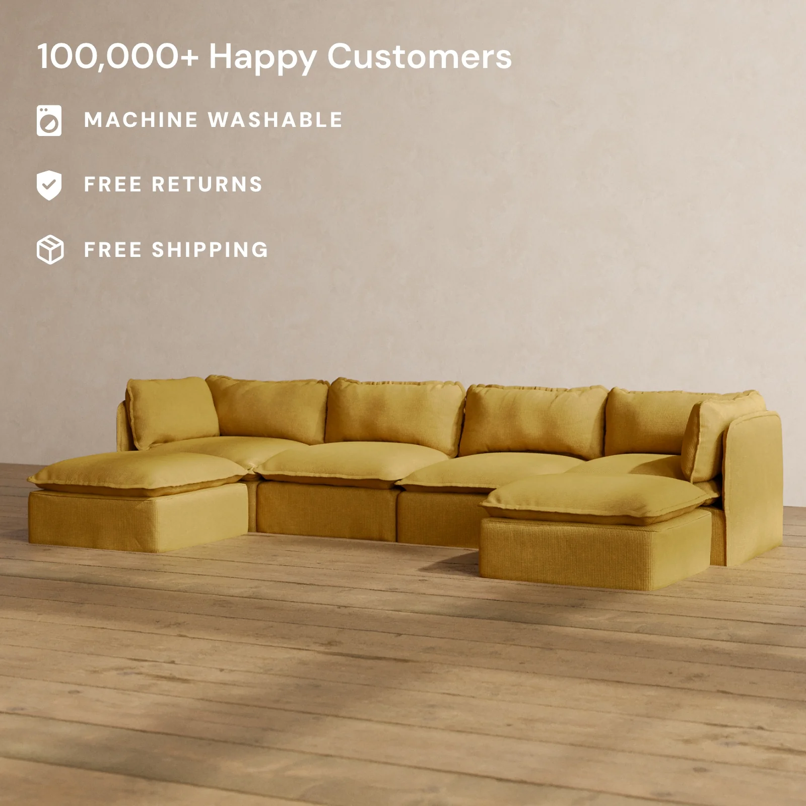 Modular Washable 4-Seater U-Sectional in Kiiro | Deluxe+ Seat | Cloud Pillow - Image 2