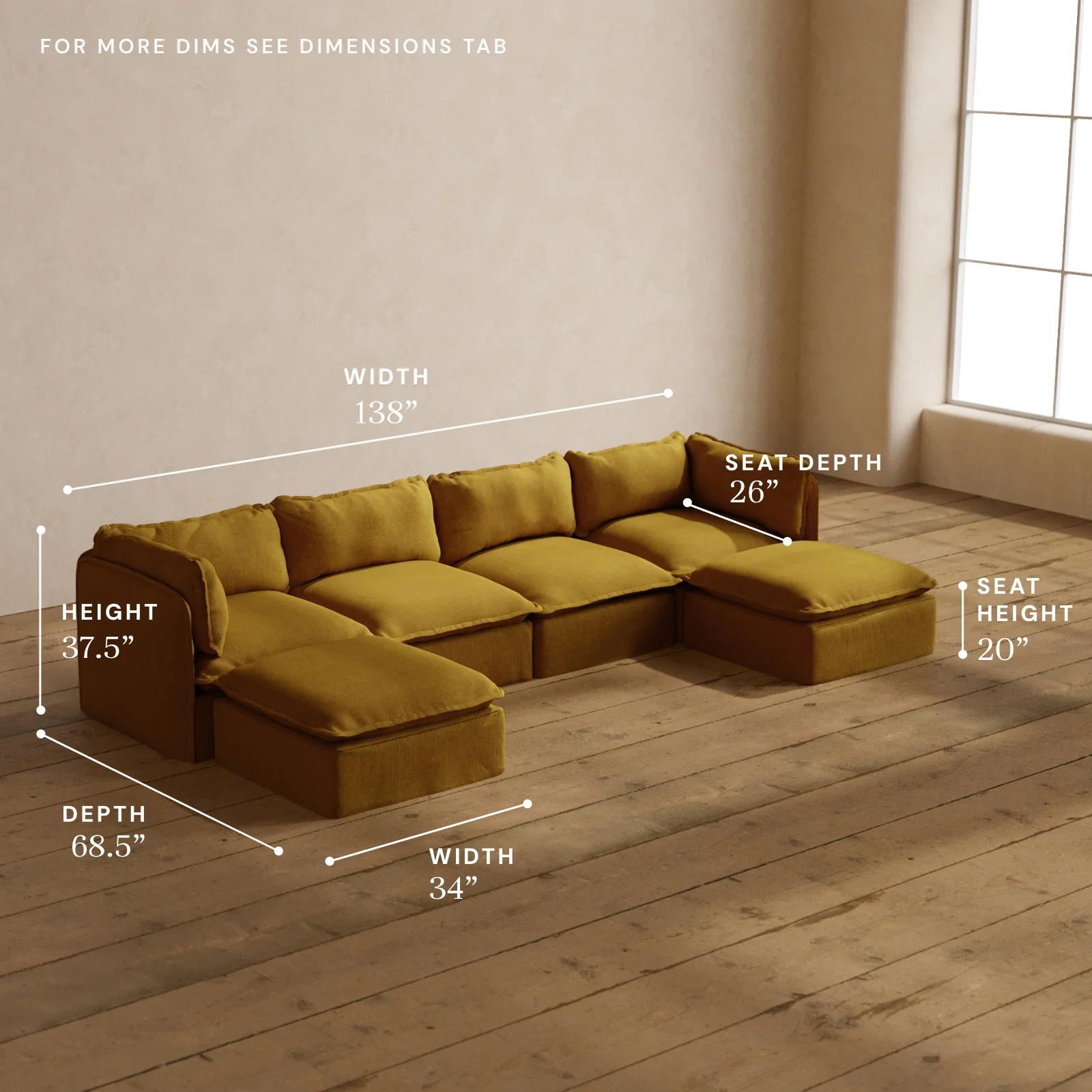 Modular Washable 4-Seater U-Sectional in Kiiro | Deluxe+ Seat | Cloud Pillow - Image 5