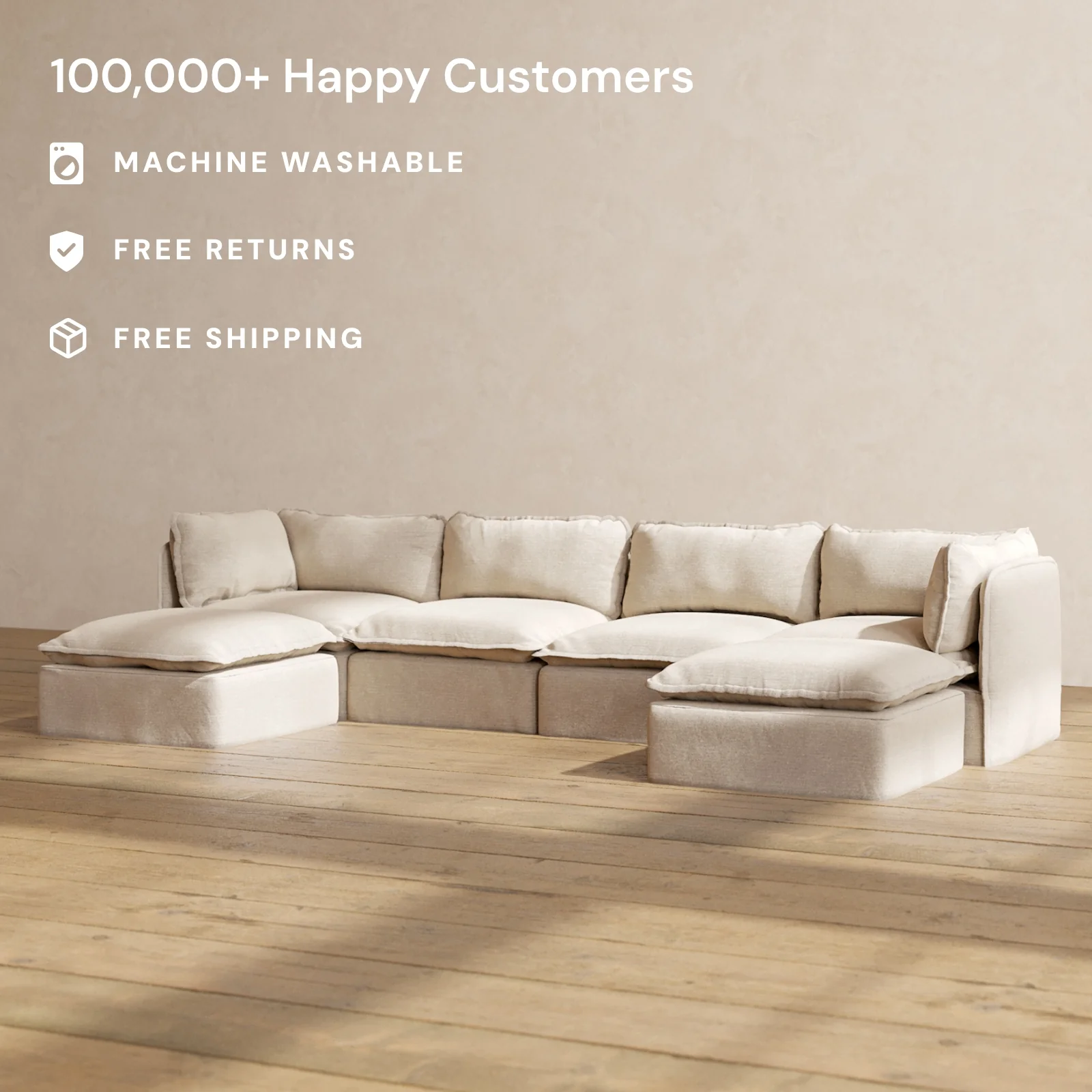Modular Washable 4-Seater U-Sectional in Oat | Memorix+ Seat | Contour Pillow - Image 2