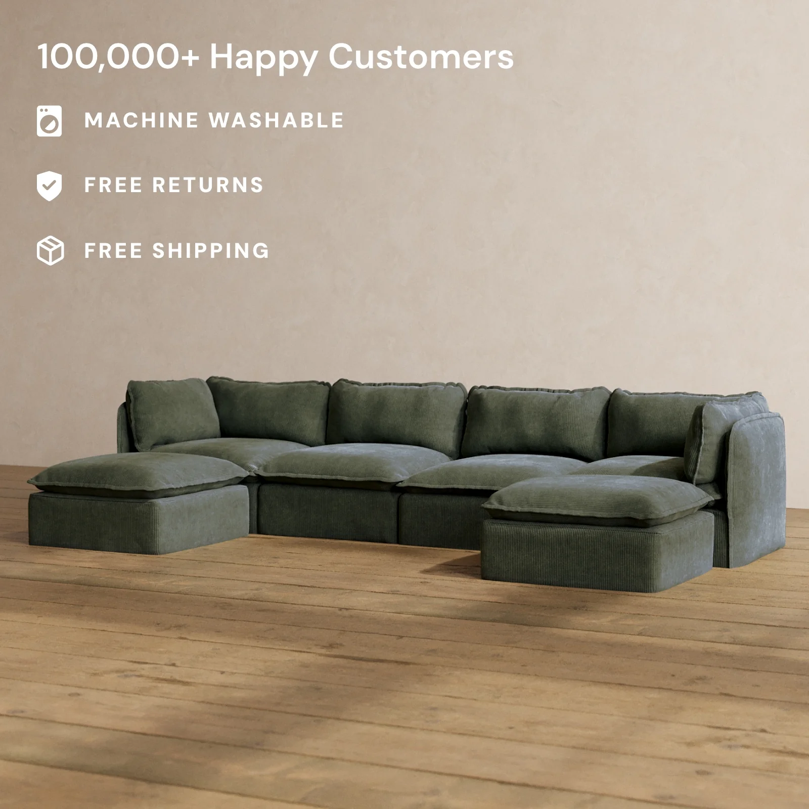 Modular Washable 4-Seater U-Sectional in Olivine | Memorix+ Seat | Contour Pillow - Image 2