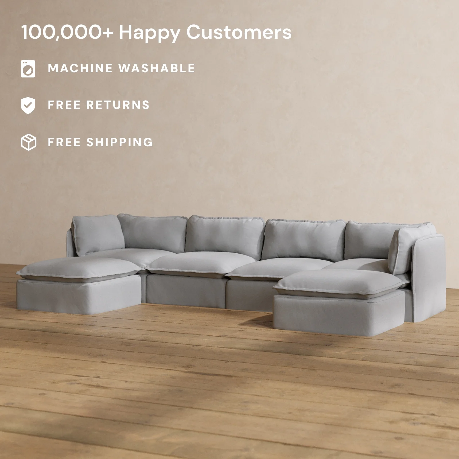 Modular Washable 4-Seater U-Sectional in Pumice | Memorix+ Seat | Contour Pillow - Image 2