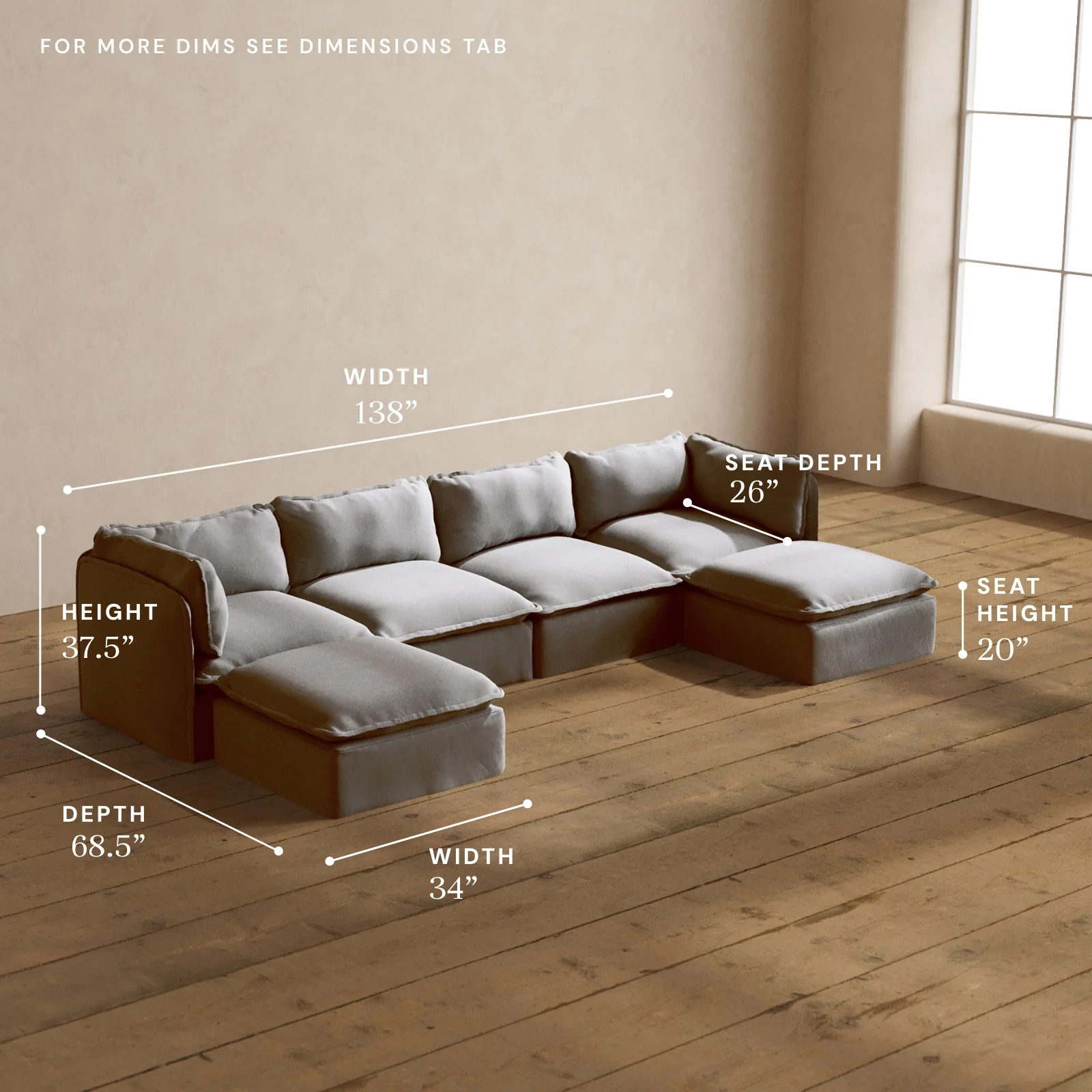 Modular Washable 4-Seater U-Sectional in Pumice | Memorix+ Seat | Contour Pillow - Image 5